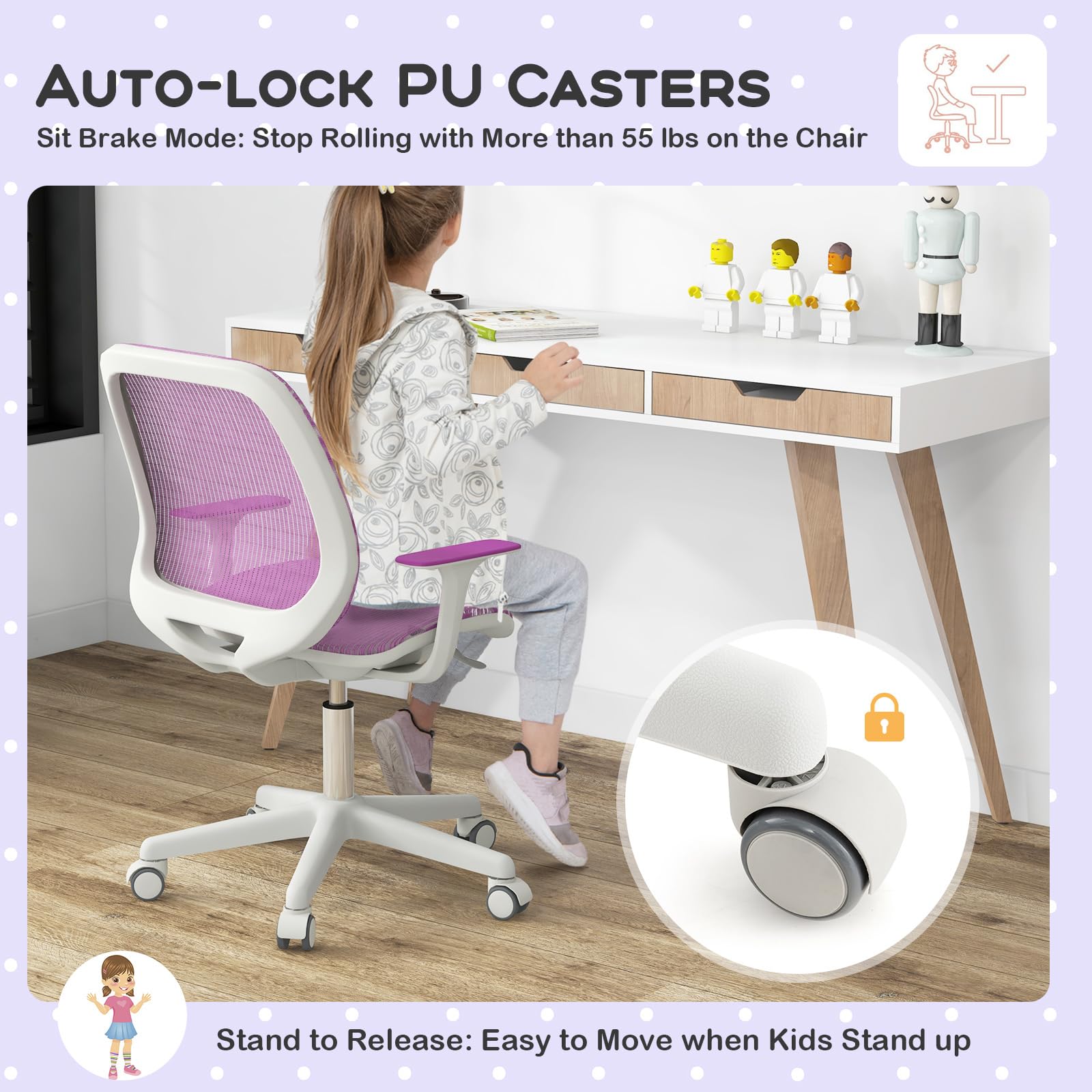 LIFEZEAL Sedia da Scrivania Imbottita per Bambini, Poltrona Girevole per Ragazzi, Ergonomico, Altezza Regolabile da 80 a 92cm, Braccioli e Schienale per Studiare in Cameretta e Scuola, Max75kg (viola)