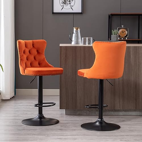 Miniatura 2 de ODUSE-DAILY Juego de 2 taburetes de bar giratorios de terciopelo, altura ajustable de 25-33 pulgadas, taburetes de bar con respaldo, sillas de bar