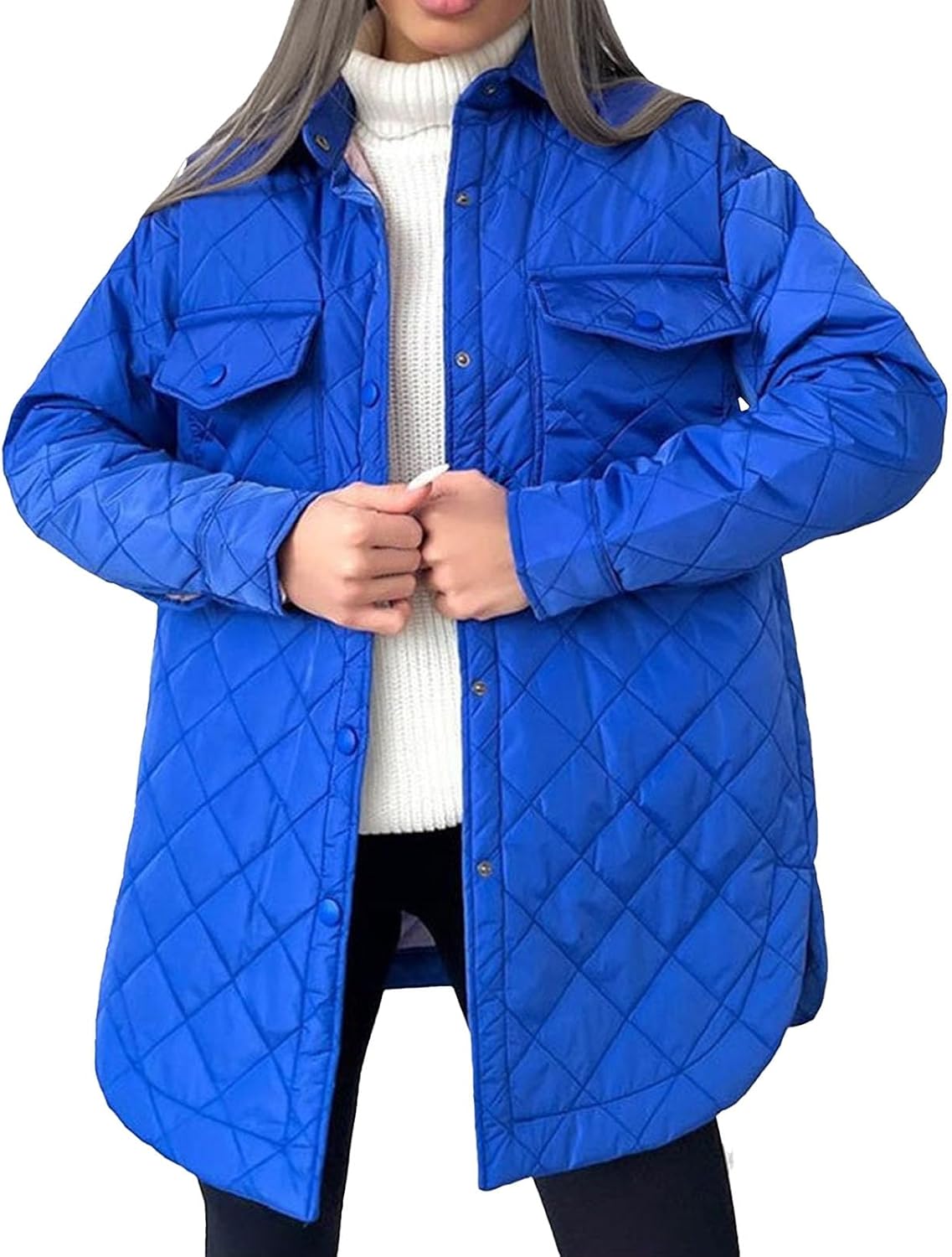 Quilted Jackets for Women Lightweight Long Sleeve Button Down Puffer Jacket Warm Winter Coat Outerwear with Pockets