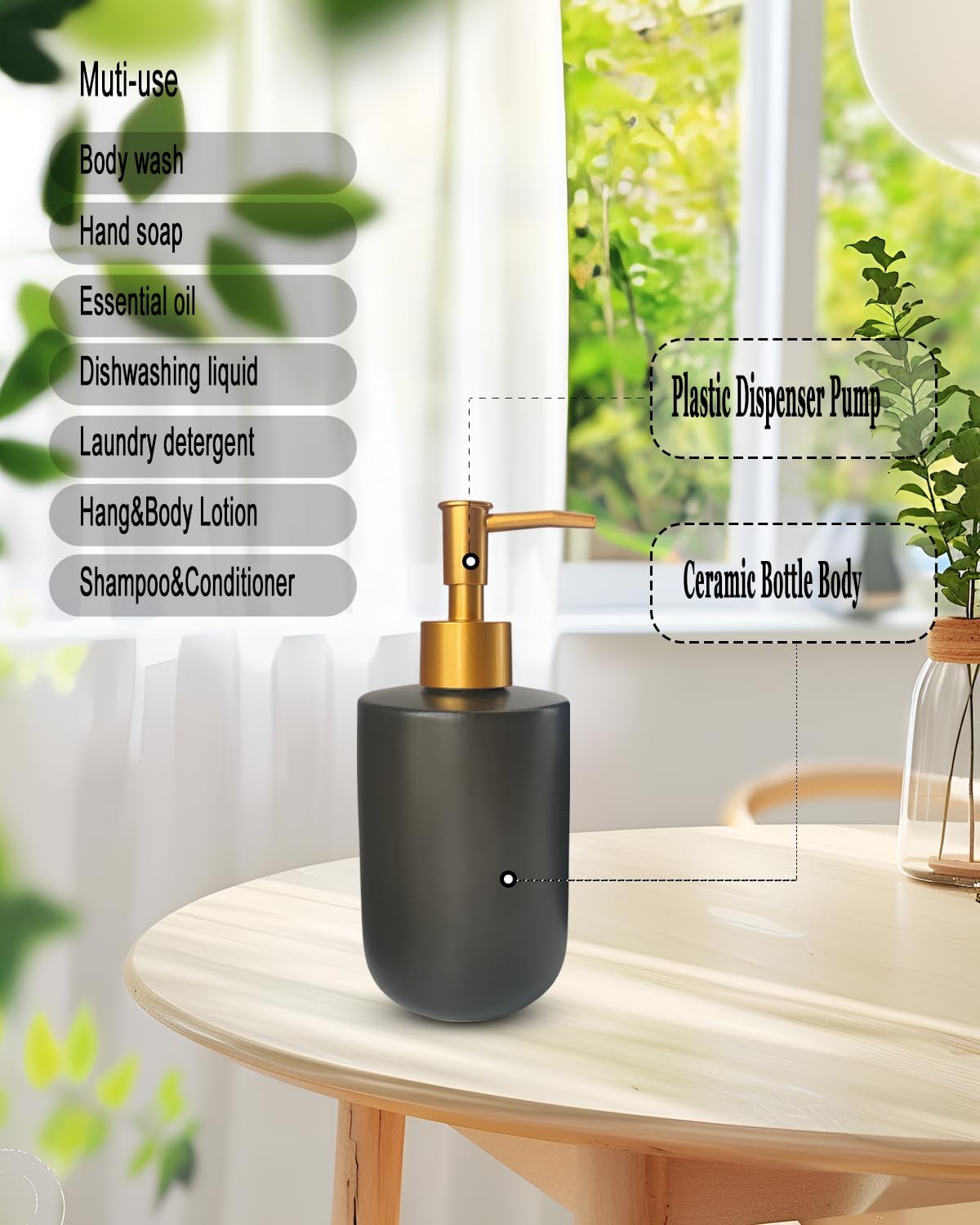 Black Liquid Soap Dispenser for Bathroom with Golden Pump,Refillable Dish Dispenser for Kitchen， Countertop Lotion Ceramics Hand Dispenser 420ml(Cylindrical Black Bottle) - Image 3