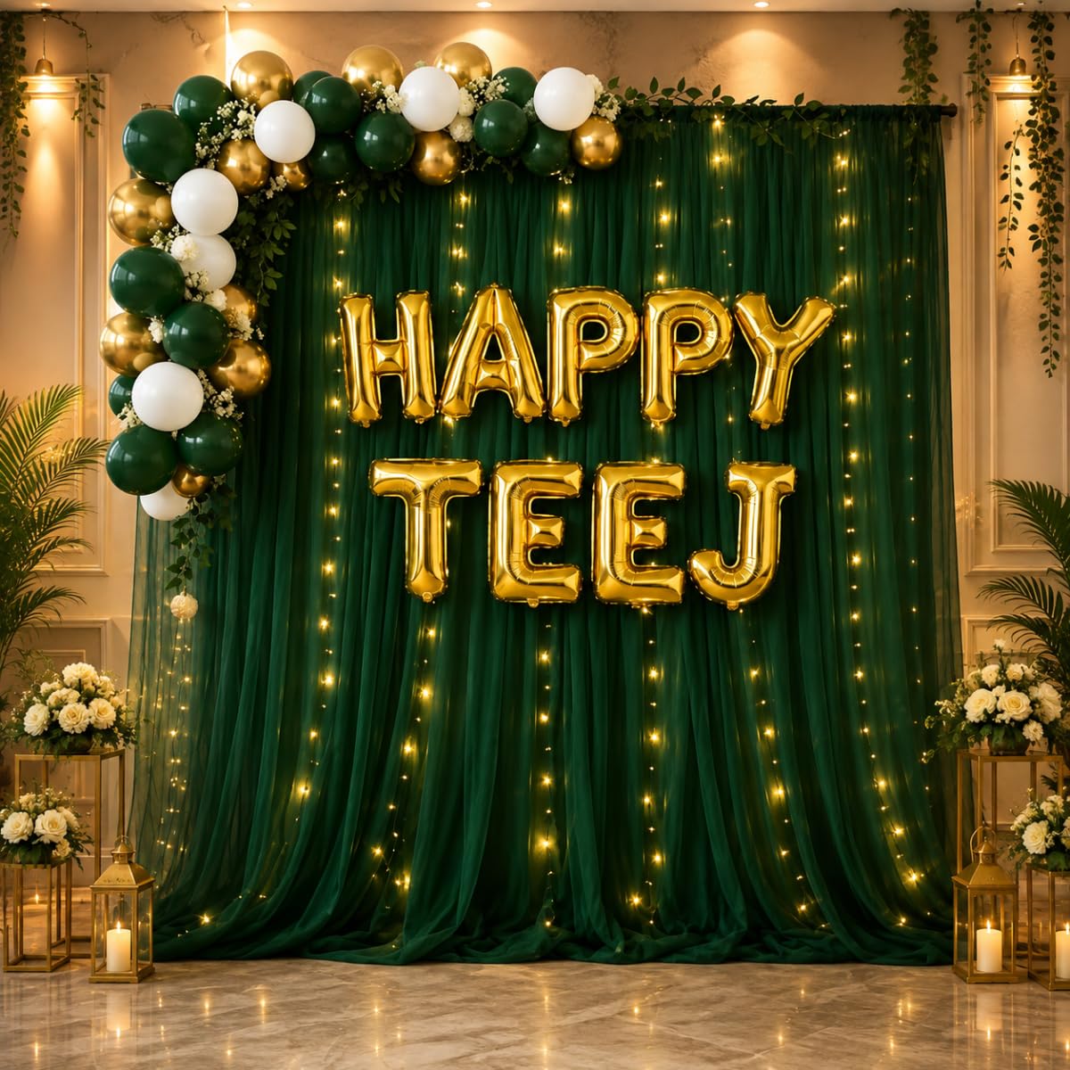 41 Pcs Happy Teej Decoration Kit with Gold Letter Foil, Green, golden & White Balloons and backdrop (Darkgreen)-image-22