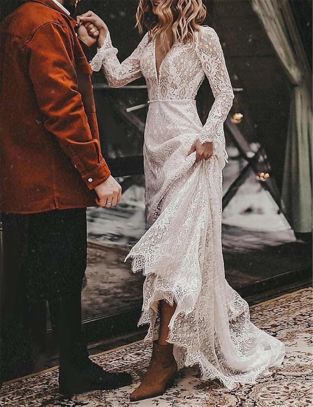 V Neck Court Train Long Sleeve Wedding Dresses A-Line Boho Open Back Bridal Gown Reception Dresses Appliques 2024 Ivory