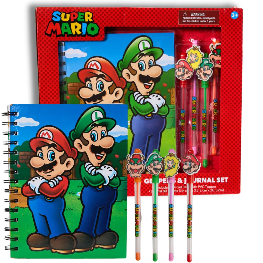 Innovative Designs Nintendo Super Mario Journal Set with Pens for Kids, Boys, and Girls, 80 Lined Page Spiral Notebook with 4 Colored Gel Pens - Mario