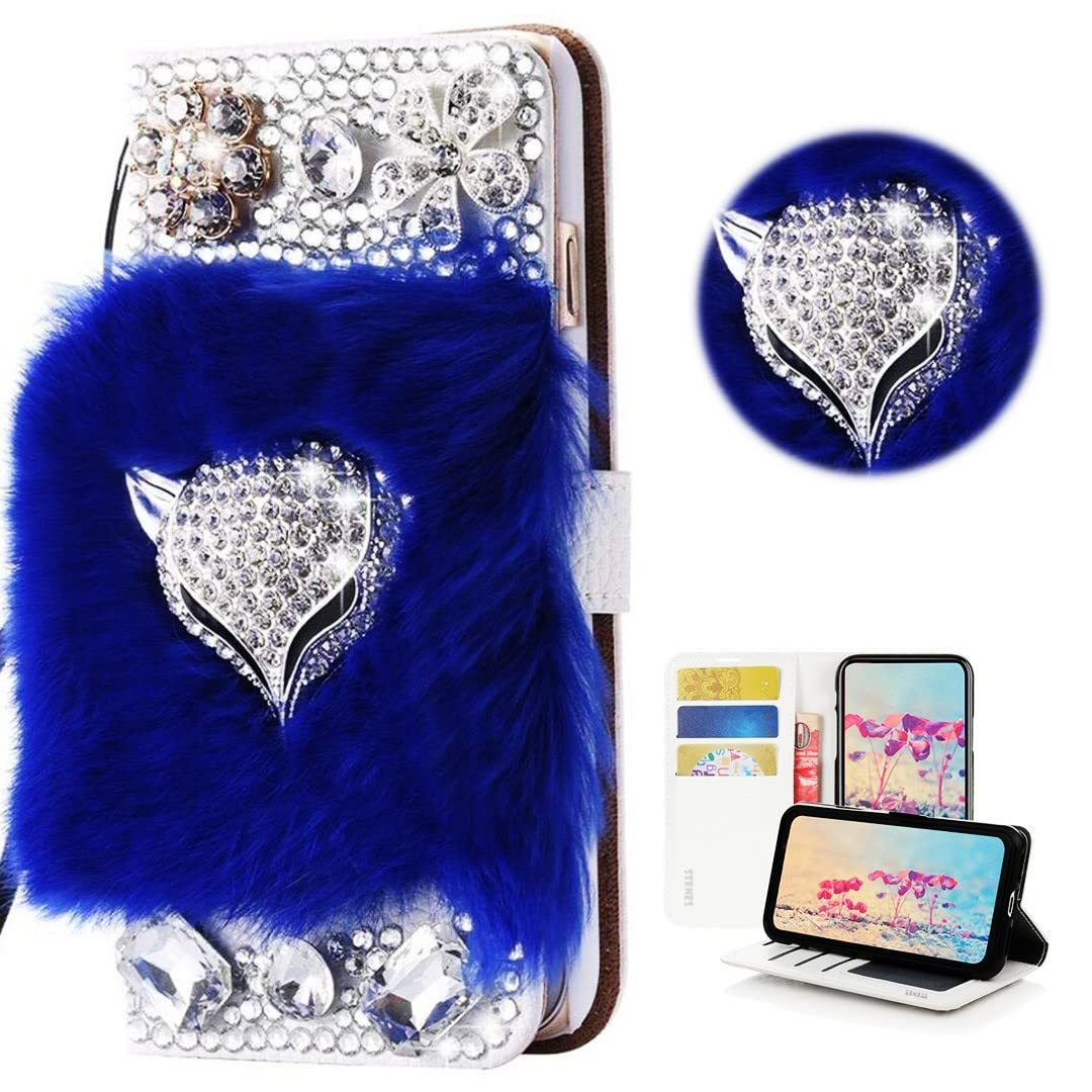 STENES Bling Wallet Phone Case Compatible with LG K22 6.2 inch 2020 Case - Stylish - 3D Handmade Luxury Fox Flowers Design Magnetic Wallet Stand Leather Cover Case - Blue