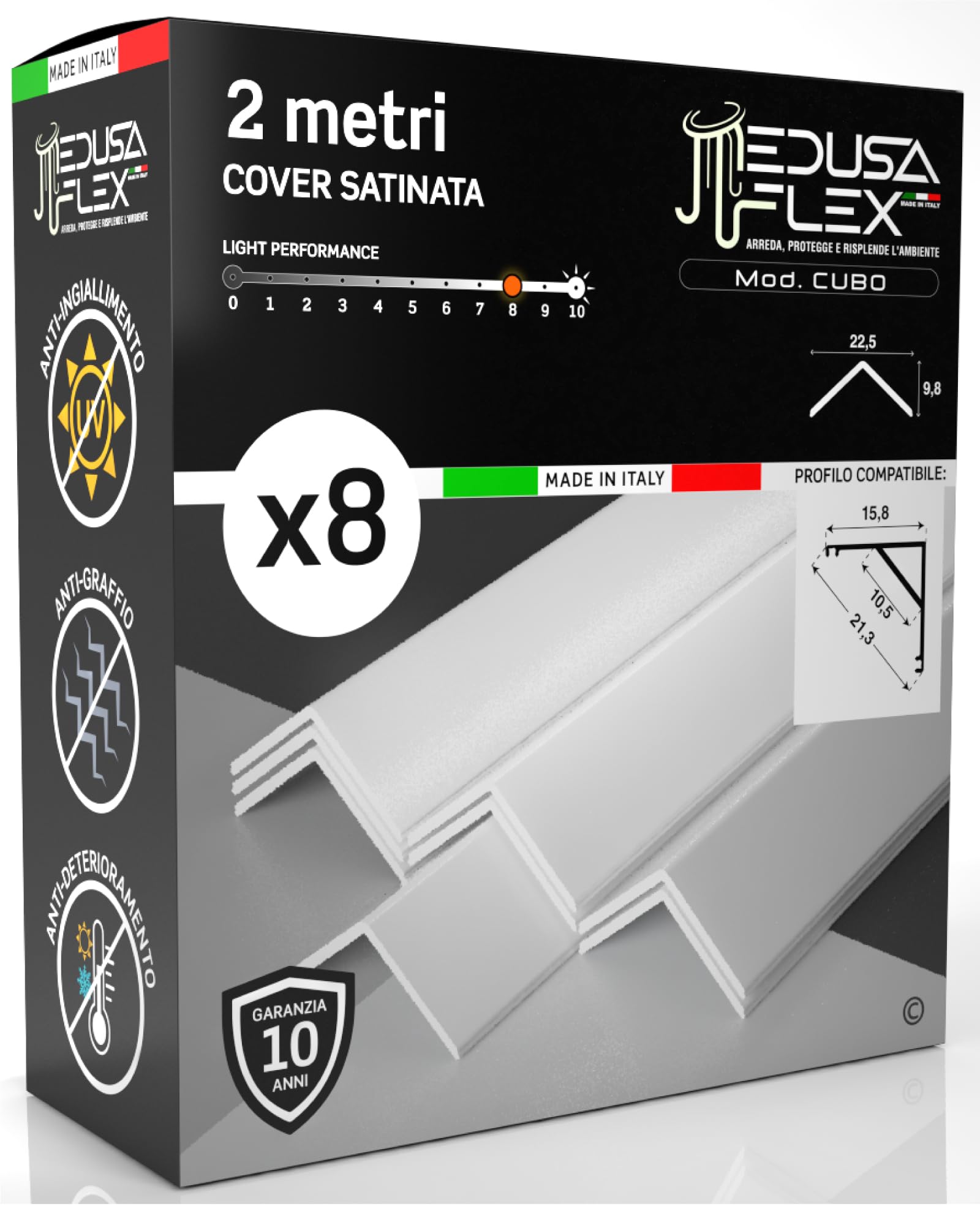 Copertura Angolare Profilo alluminio per Strisce LED MEDUSAFLEX mod. Cubo 2 Metri - Satinata - Made in Italy in Policarbonato stabilizzato UV certificata UL94HB - Garanzia 10 anni - Pacco da 8