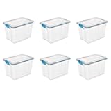 20 Qt Gasket Box, Stackable Storage Bin with Latching Lid and Tight Seal, Plastic Container to Organize Basement, Clear Base and Lid, 6-Pack