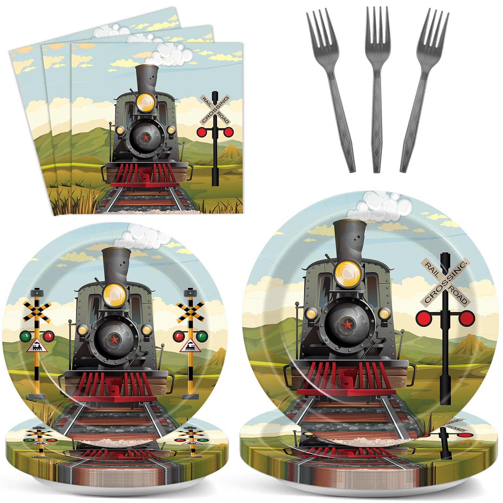 96 Pcs Train Paper Plates and Napkins Party Supplies Steam Train Birthday Disposable Tableware Set Retro Trains Transportation Party Decorations