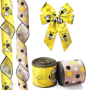 Hying 2 Rolls Bee Ribbons for Crafts Wreath Bows Gift Wrapping Bumblebees Wired Ribbon Yellow and Black Dots Ribbon for Home Birthday Party Decoration, 2.5" X 10 Yards