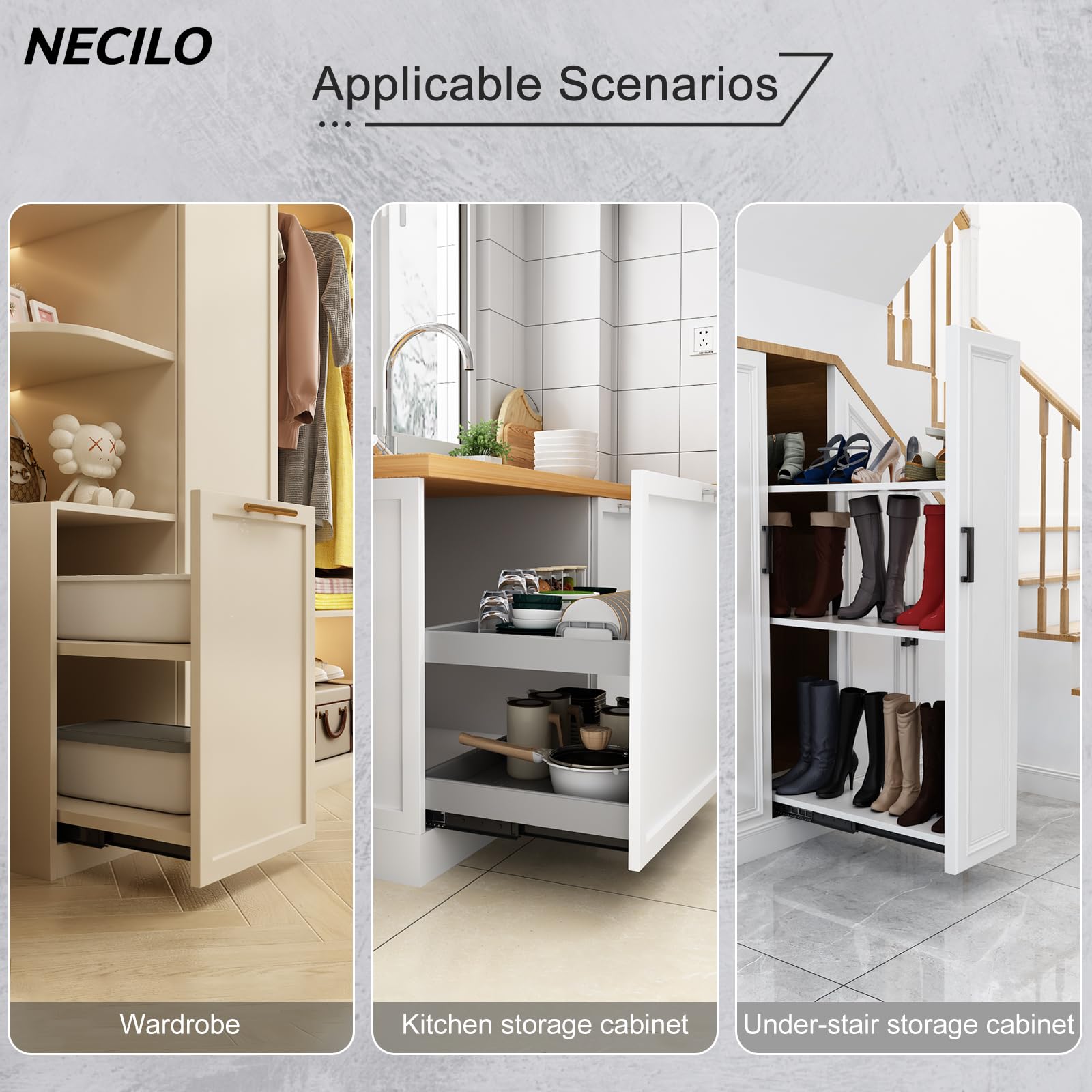 NECILO Guías para Cajón de Escalera de Carga Pesada 600 mm, Extensión Total, con Rodamientos de Bolas, para Cajones Bajo Escalera y Gabinetes Base, Montaje Inferior Oculto, 1 Par