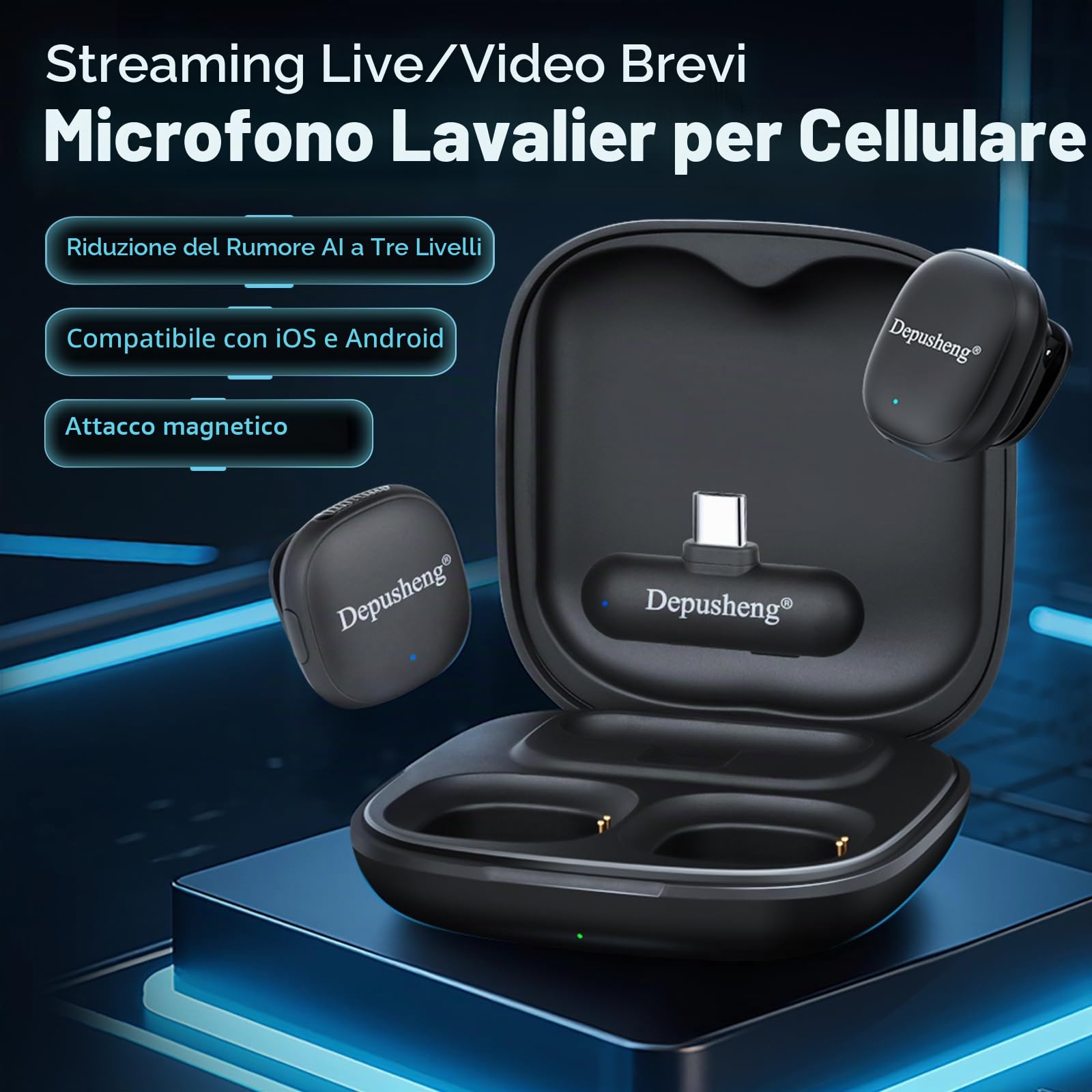 Depusheng V2 2 microfoni lavalier wireless per iPhone, iPad e Android con custodia di ricarica, 8 ore di autonomia, microfono a scatto per registrazioni video, vlogging, YouTube, interviste, 3