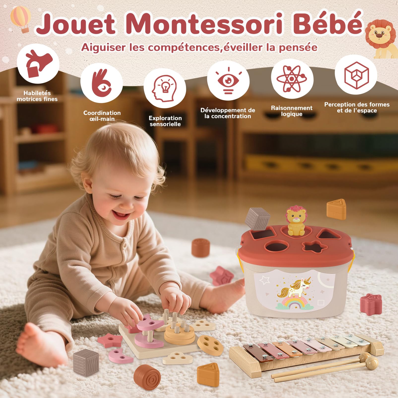 Jouet Bebe 6 Mois, 5-en-1 Jouet Montessori Bébé 6-12 Mois - Jeux d'eveil Bebe 6-12 Mois avec Xylophone en Bois, Cubes à Empiler et Trieur de Formes,Jouet Sensoriel Cadeau Bebe Éducatif