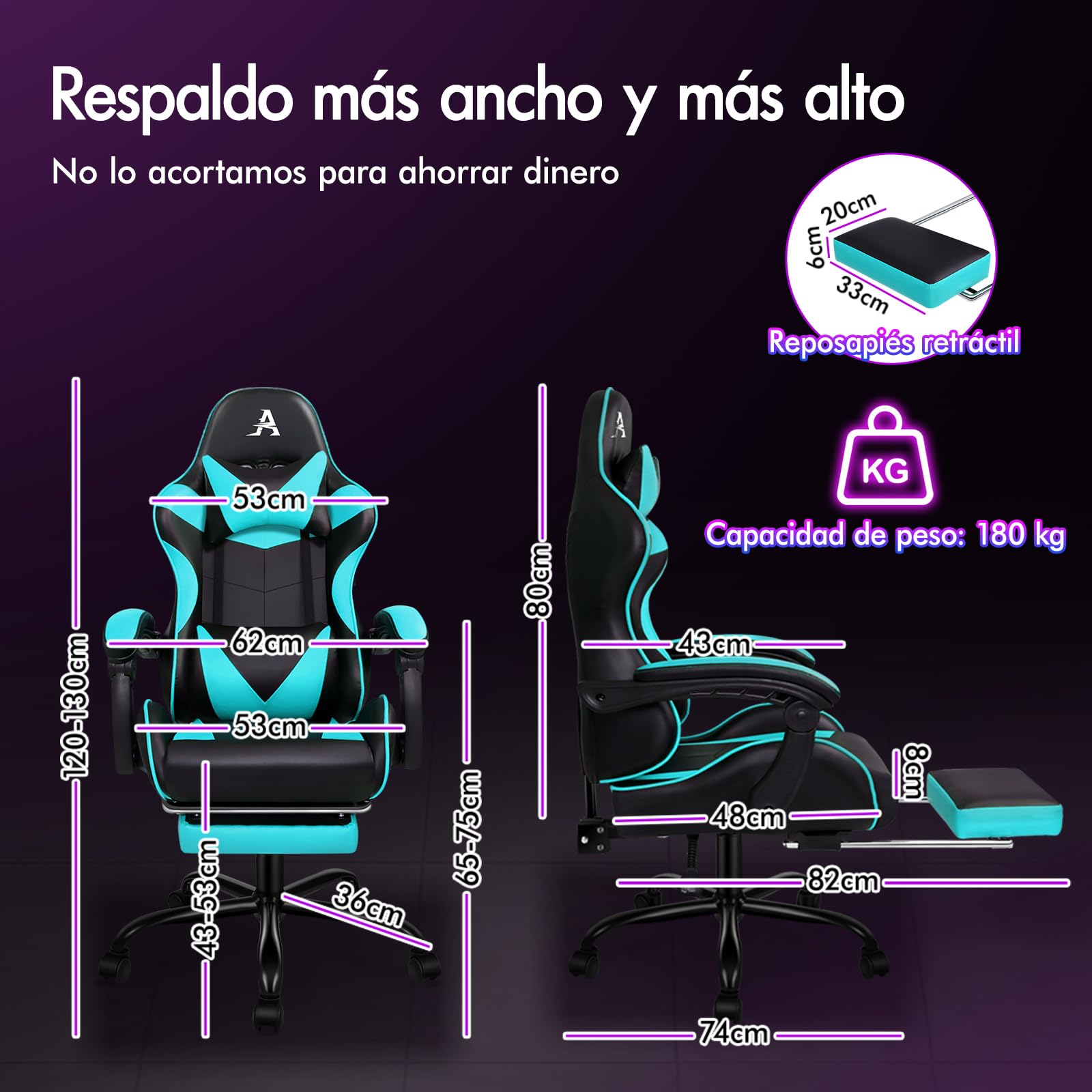 ALFORDSON Silla Gaming Profesional con Masajeador, Silla Ergonómica Gamer, Altura Regulable Silla con Apoyo Lumbar y Reposacabezas, Respaldo Inclinable hasta 150°, Giratoria de 360°, Cuero PU(Cian)