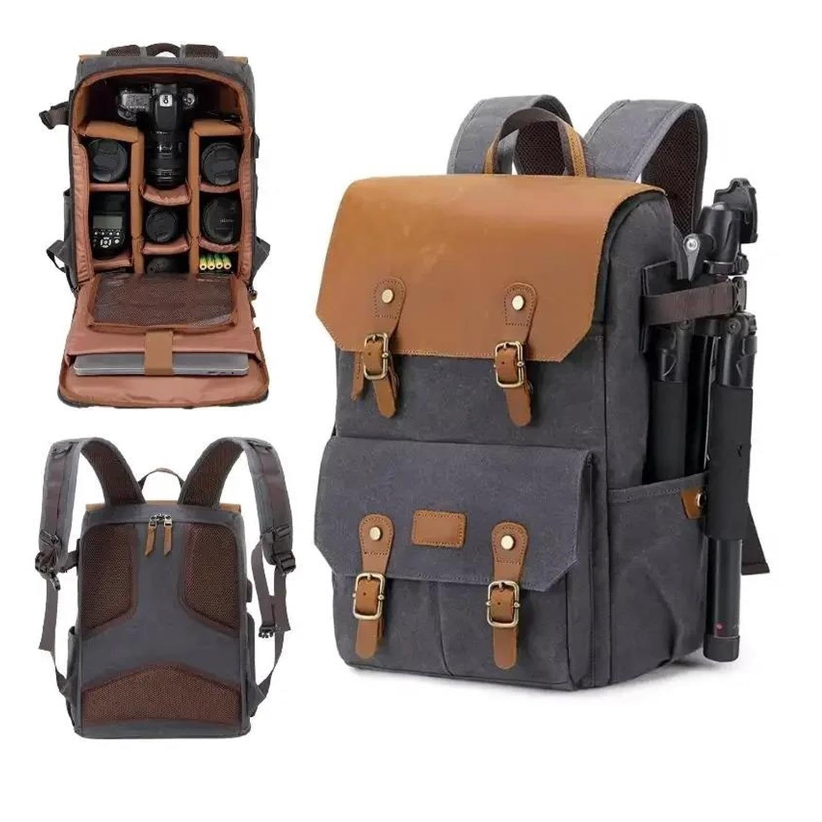 Waterproof Waxed Canvas Camera Backpack with USB Port | Waxed canvas material,waterproof design,USB charging port(Small-camera-gray)