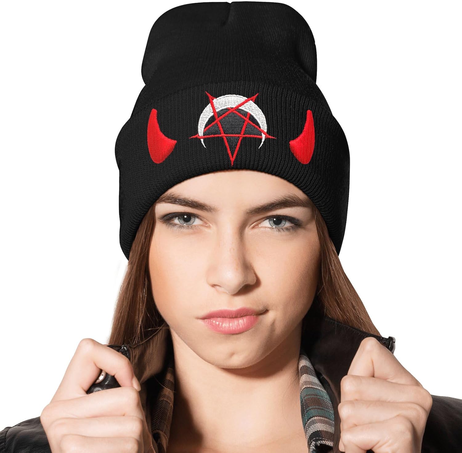 Spooky Horror Devil Horned Embroidery Beanie Knit Hat for Men Women, Casual Skull Knit Cap - Image 3