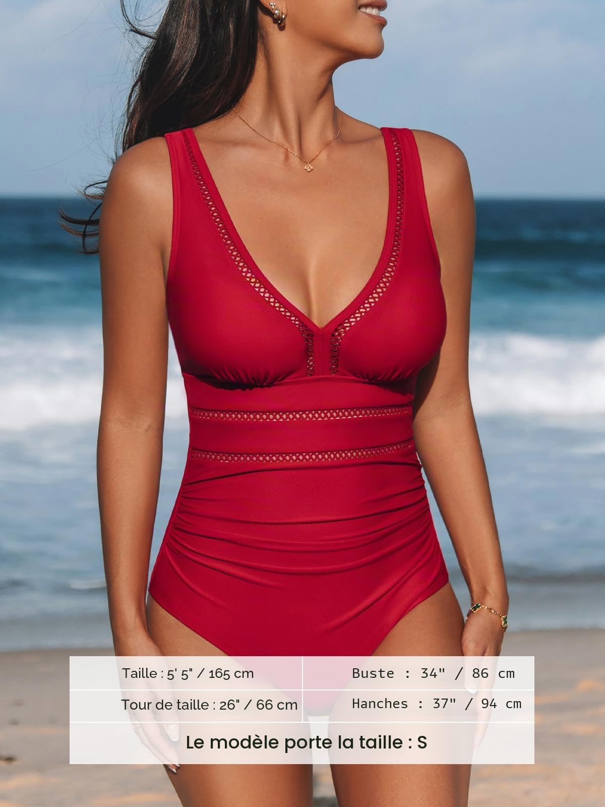 CUPSHE Maillot de bain une pièce pour femme, col en V, bretelles réglables, crochet arrière en maille froncée