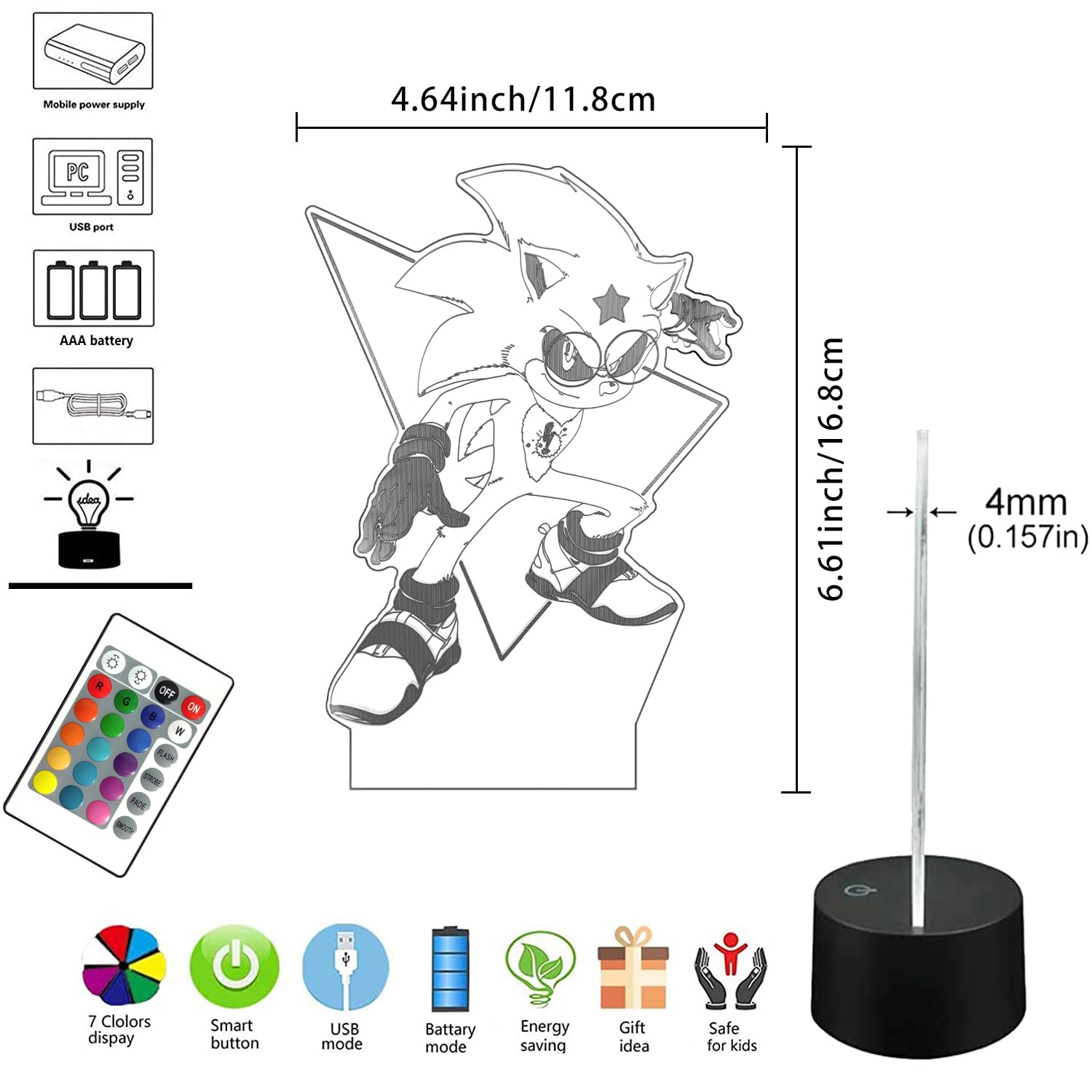 AIRUEEK Sonic Hedgehog Toy, 3D Night Light, 16 Colour Variations, LED Illusion Lamp, Bedroom Decor Lighting/Sonic Toys - Image 2