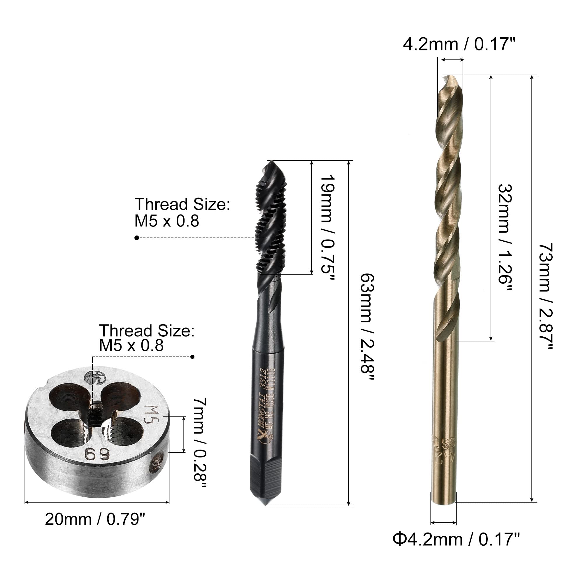 Set di Maschi e filiere e Punte da Trapano, Maschio a Spirale Rivestito in nitruro M5 x 0,8 e filiera Tonda, Punta elicoidale in Acciaio rapido al Cobalto da 4,2 mm