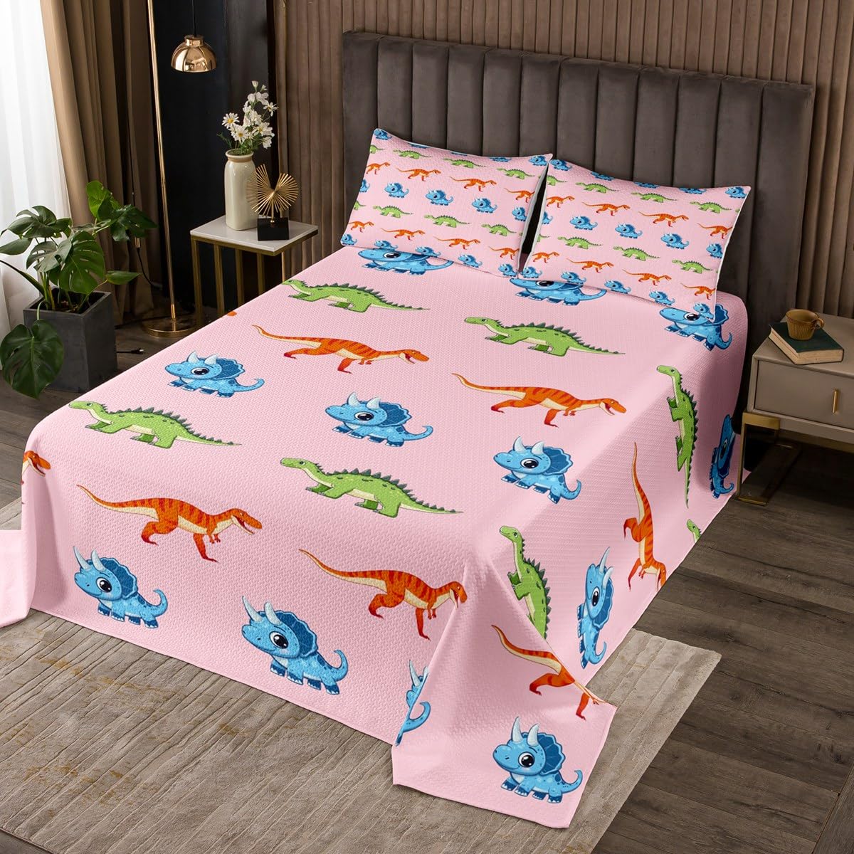 jejeloiu Dinosaur Bedspread Twin Size Kids Wild Animal Coverlet Set for Boys Girls Teens, Wildlife Quilted Coverlet Breathable Soft Lightweight Microfiber Pink Room Decor 2Pcs