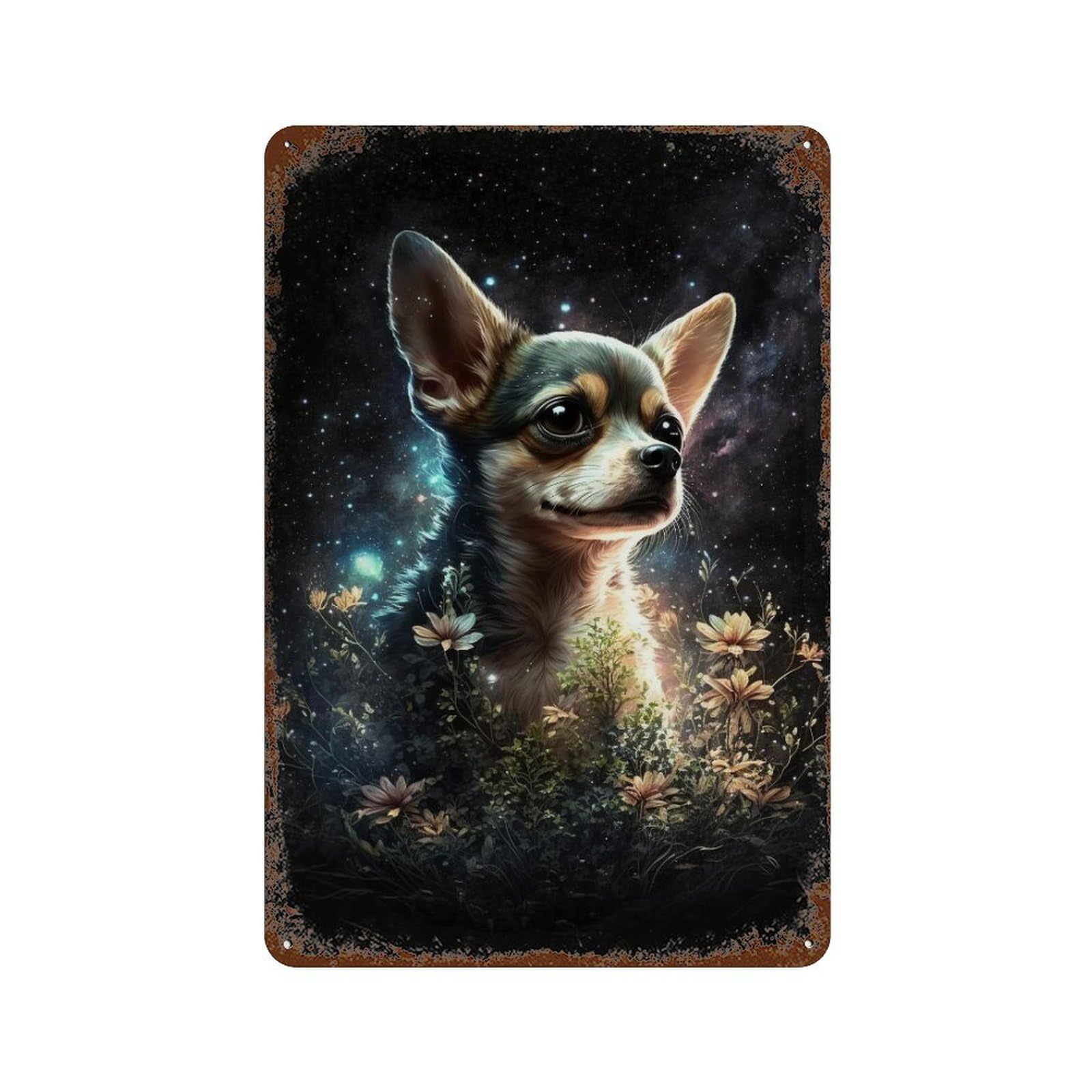 Rust Effect Magical Night Garden with Chihuahua Weathered Tin Sign 11.8"x7.9", Shabby Chic Decor for Patio, Garden Room And Bar Decor