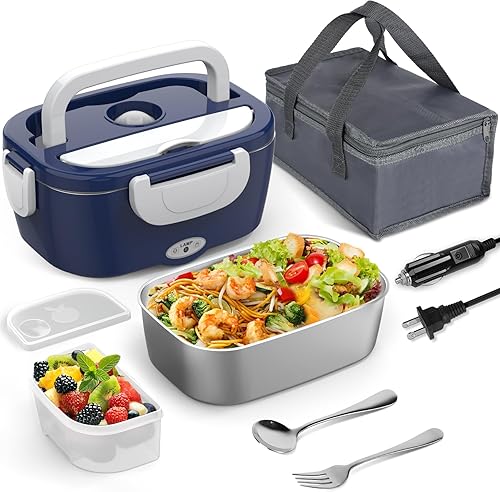 Miniatura 12 de Lonchera Eléctrica para Hombres/Mujeres 80W, Lonchera Calentada para Adultos, 12V 24V 110V 220V, Calentador de Alimentos Portátil, Lonchera Azul 2