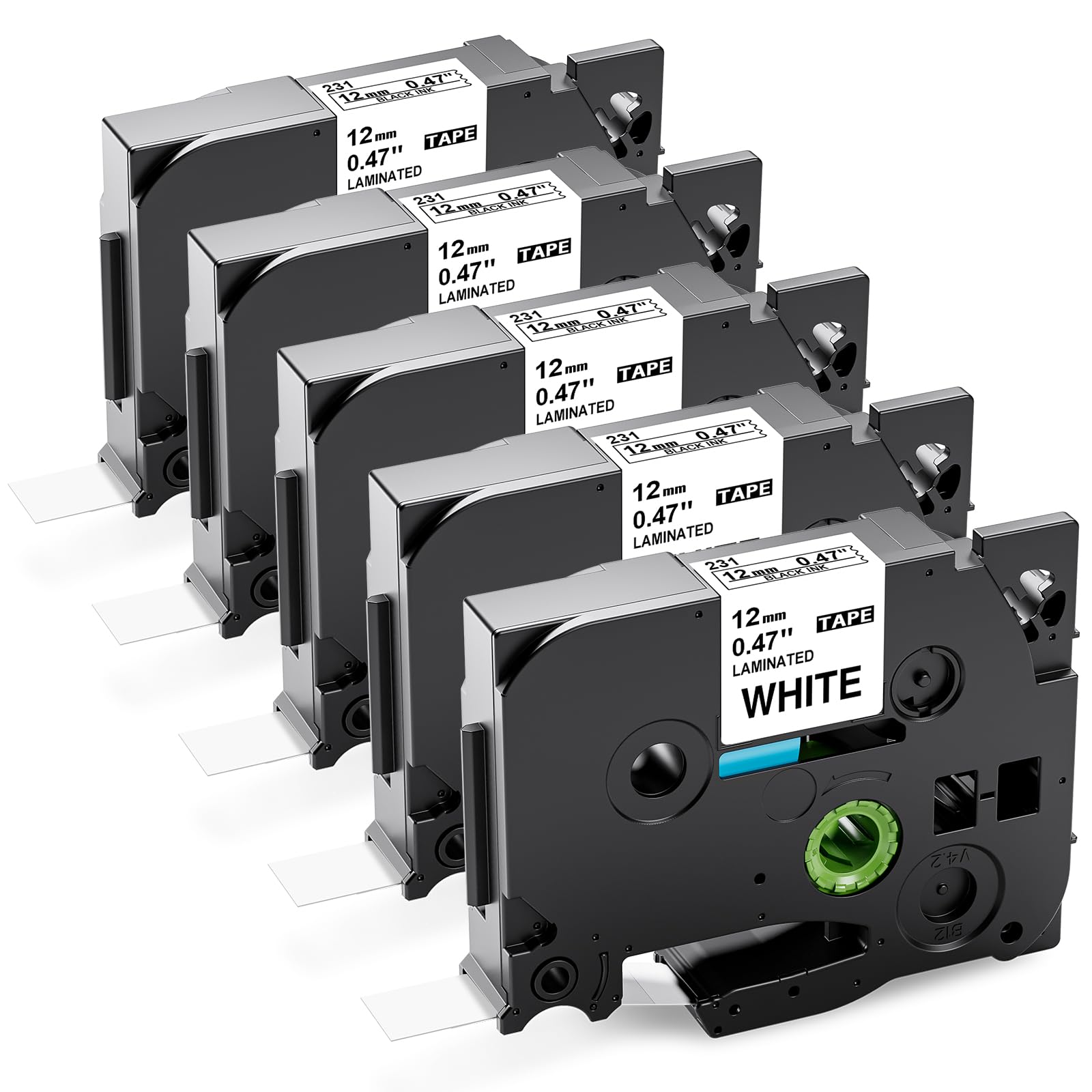 5PK Tze-231 PTH110 D210 Label Maker Tape 12mm Compatible with Brother P Touch Label Tape 12mm Tze231, Compatible for Brother P-Touch PT-D200 D220 D400AD H110 H200BP D600 1230, Tze Tz 12 mm 0.47 White