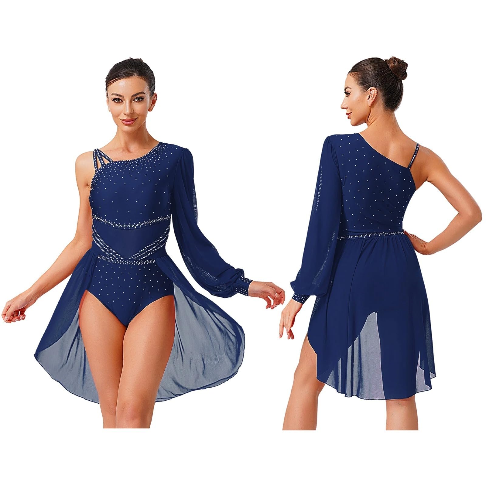 Vestido de una Pieza para Mujer Adornado con Cristales Brillantes Adecuado para Gimnasia artística, Patinaje artístico, Ballet, Danza lírica y presentaciones escénicas de Baile Latino.