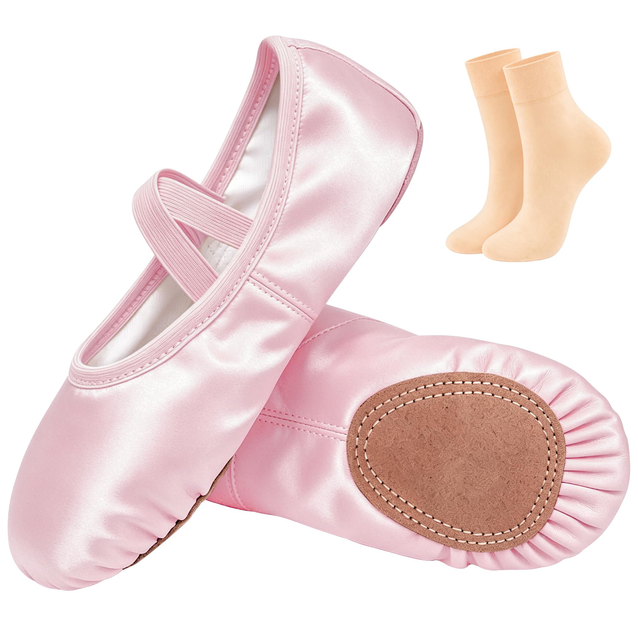 DANSHOW Satin-Ballettschuhe für Mädchen, 2 Modelle – Ledergespaltener Sohle mit elastischem Riemen, Kindertanzschuhe + 1 Paar Tanzsocken