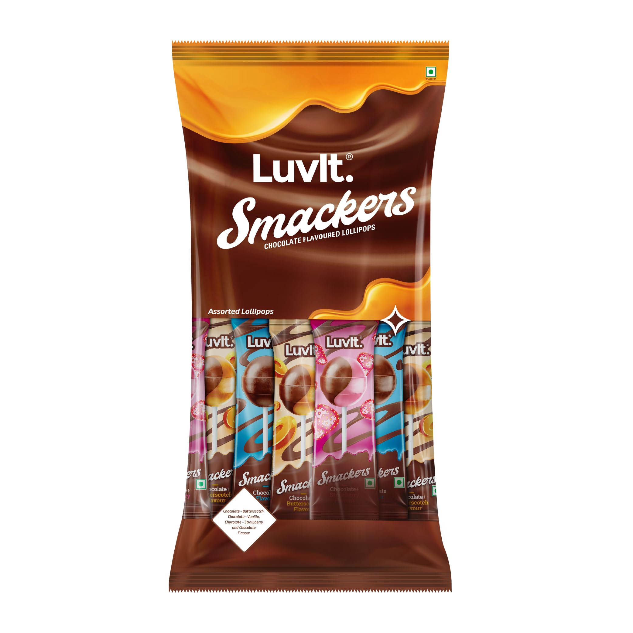 LuvIt. Smackers Chocolate Flavoured Lollipops (Butterscotch, Vanilla,Strawberry & Chocolate) | Pack of 1-480g Each
