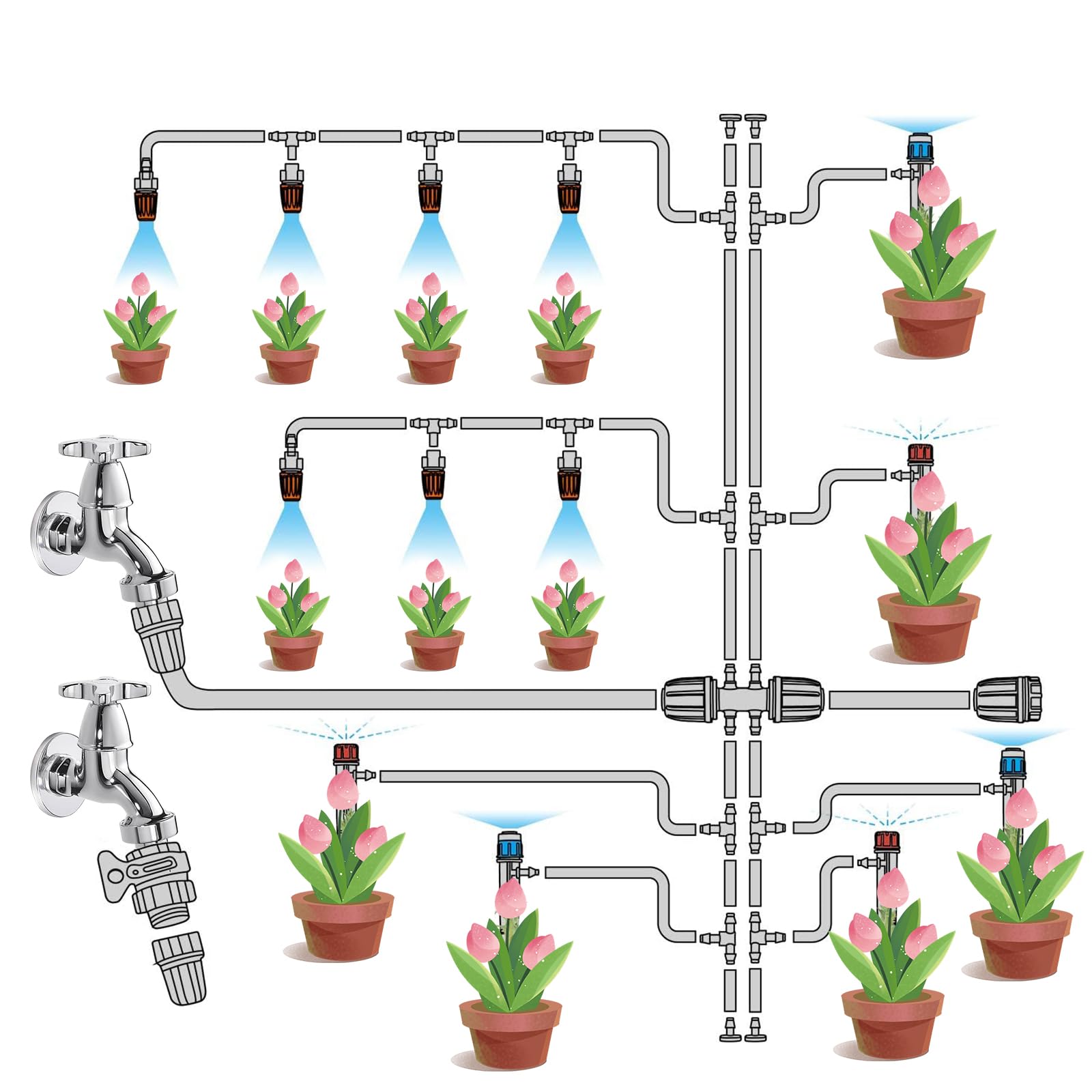 Sistema de riego por goteo, conector rápido de 85 pies, kit de sistema de riego de jardín para césped, patio, invernadero, equipo de riego automático con tubos de 1/2 pulgadas y 1/4 pulgadas, emisores