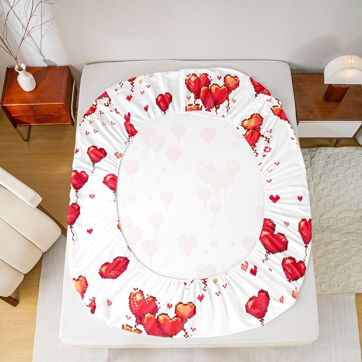 Homewish Pikselowa miłość serce prześcieradło King Girl śliczne czerwone balony prześcieradła retro romantyczne serca zestaw pościeli dla dzieci chłopców dziewcząt, estetyczna grafika narzuta na łóżko