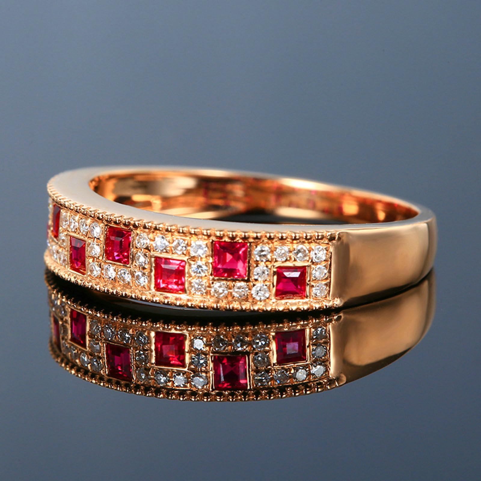 Pierścionki z różowego złota 14K dla kobiet, pierścionek zaręczynowy elegancki czerwony rząd rubinowy syntetyczny 0,37ct i moissanit pierścionek dla dziewczyny, panny młodej różowe złoto