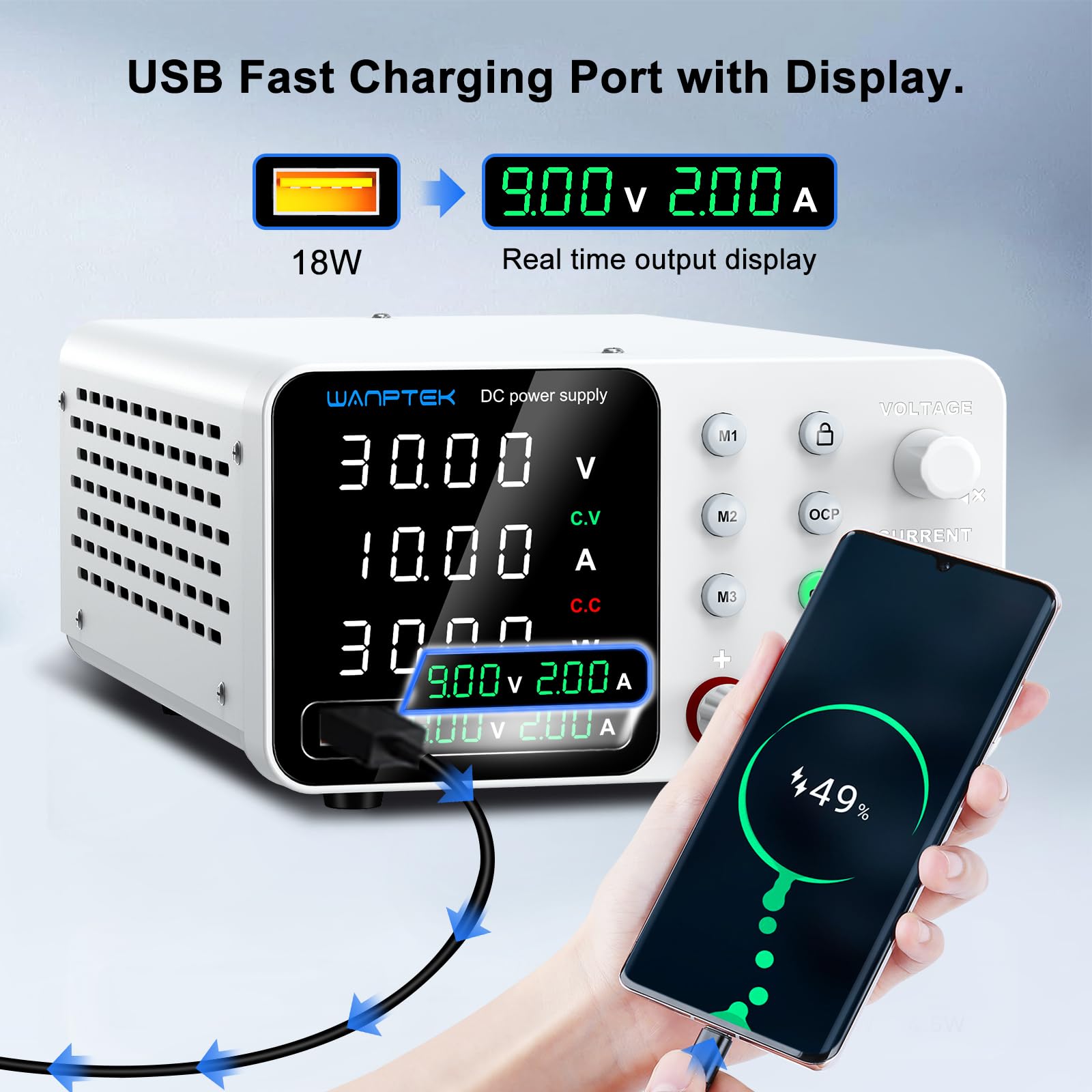 Fuente Alimentación Regulable 30V 10A, Fuente de Laboratorio Ajustable con 3 Memorias, Protección OCP, Carga Rápida USB y Función de Bloqueo - - para Reparación Electrónica