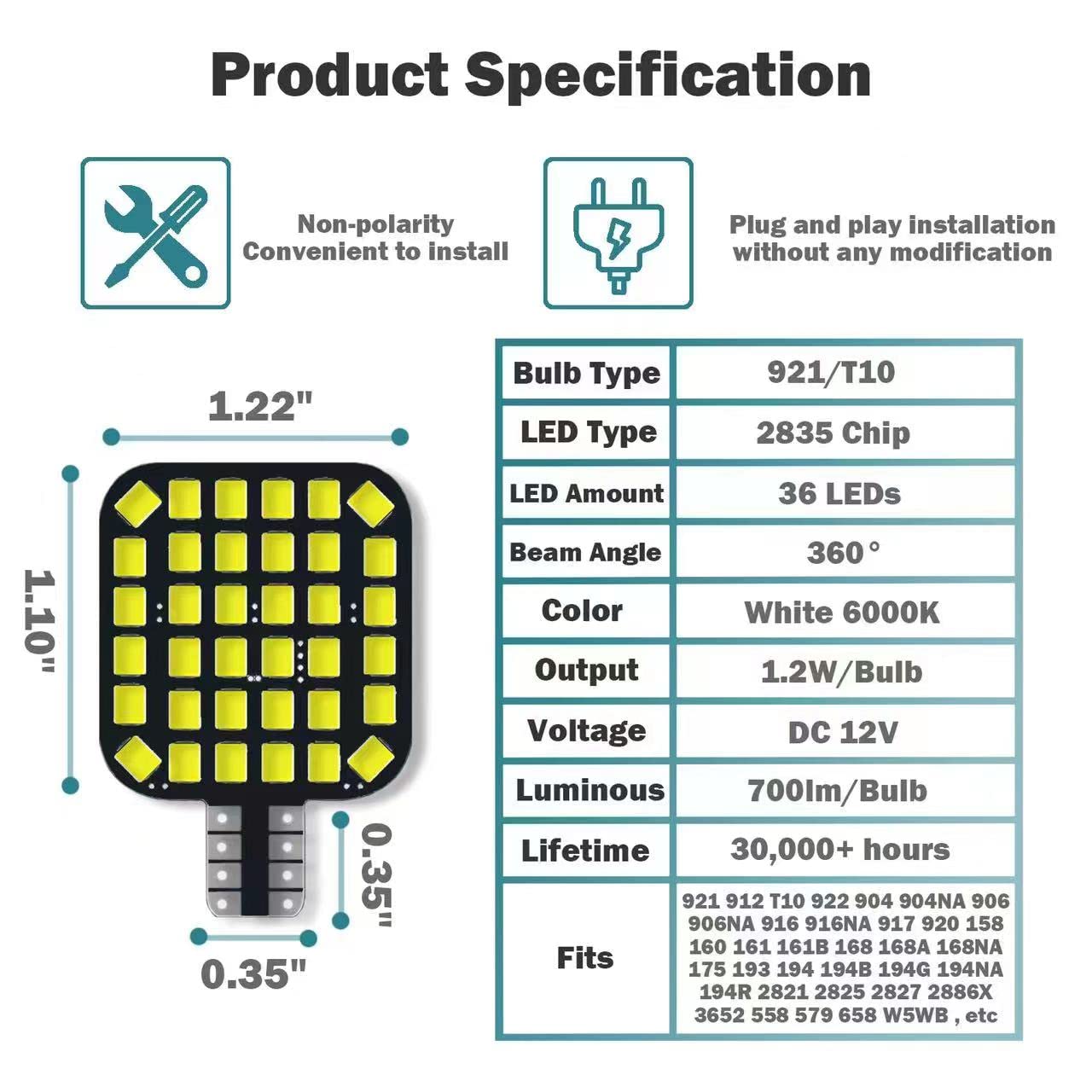 20PCS T10 921 922 912 194 RV Interior LED Light Bulbs, Super Bright LED Bulbs Replacement Lighting 36-SMD 2835 6500K White for 12V RV Camper Trailer Motorhome Boat Dome Car Marine Ceiling Indoor Light