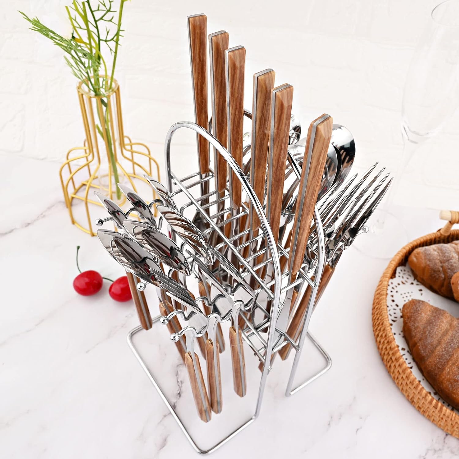 24Pcs Wooden Handle Flatware Silverware Set with Stand, Stainless Steel Cutlery Set for 6, Square Handle Eating Utensils, Mirror Polished Knife Fork Set