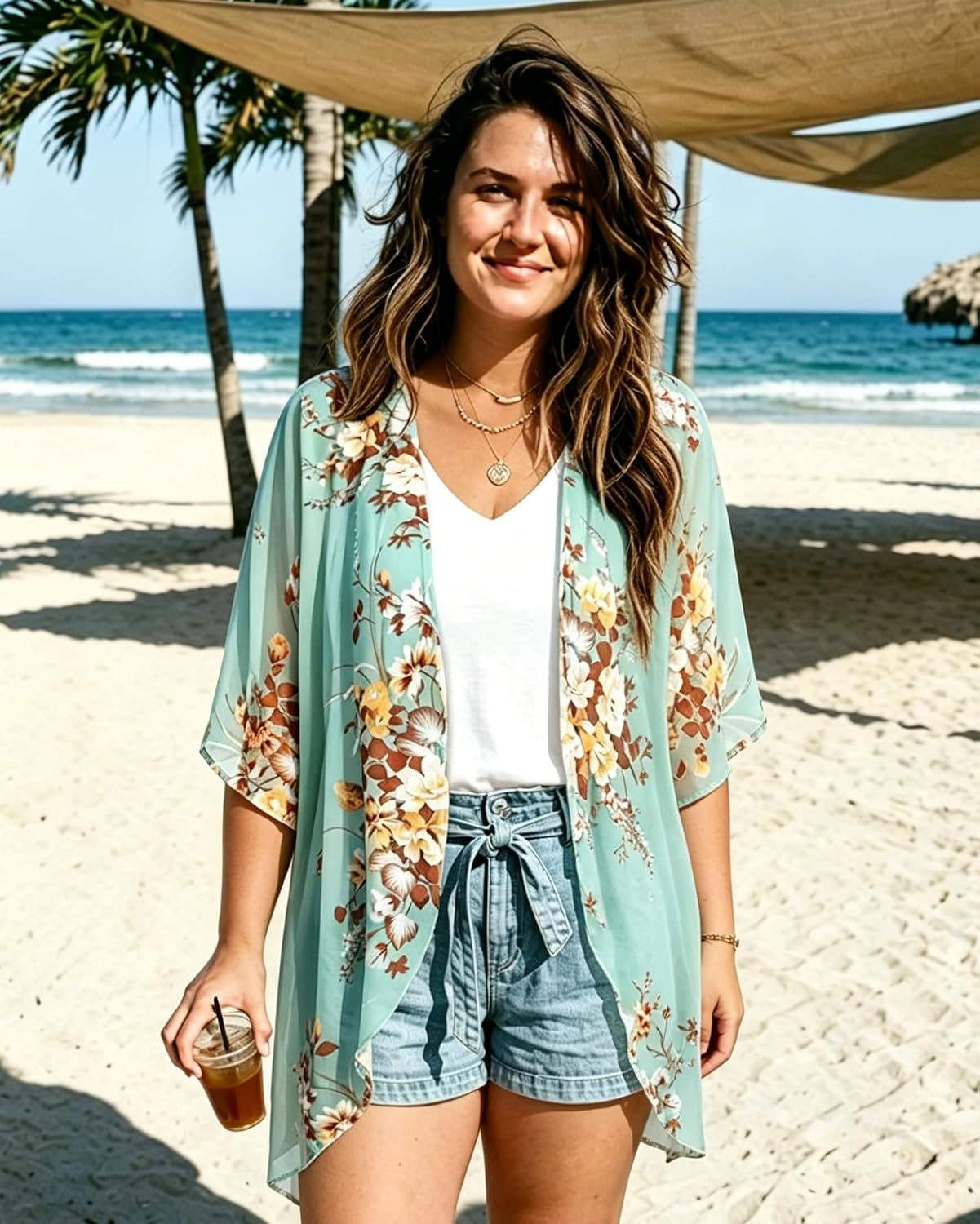 Women's Floral Print Puff Sleeve Kimono Cardigan Loose Cover Up Casual Blouse Tops 2026 thumbnail
