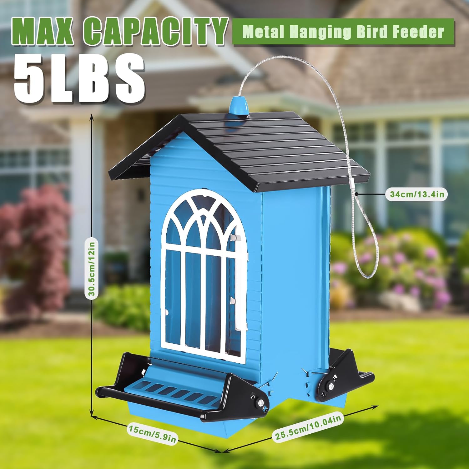 Gbekery Squirrel Proof Bird Feeder for Outdoors,5LB Large Capacity,Metal Wild Bird Seed Feeder with Bilateral Weight-Activated Perches for Outside Hanging,Garden Decoration,Blue