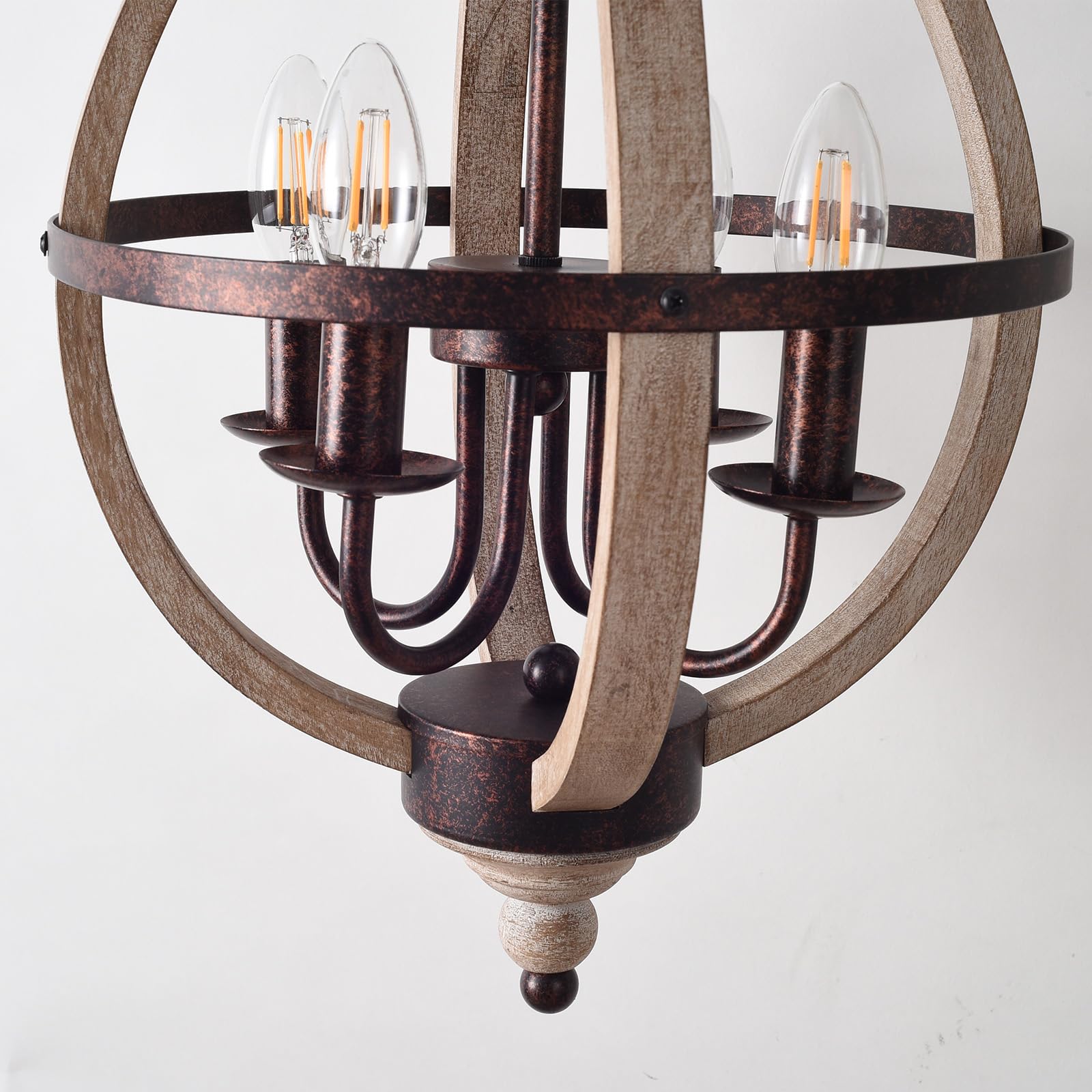 Alpinaluz Lampa Wisząca 4x E14 z Naturalnego Drewna z Łańcuchem | Drewno i metal w rdzawej optyce, Ø32 x 55 cm, regulowany łańcuch 90 cm, włącznik ścienny, do jadalni lub holu