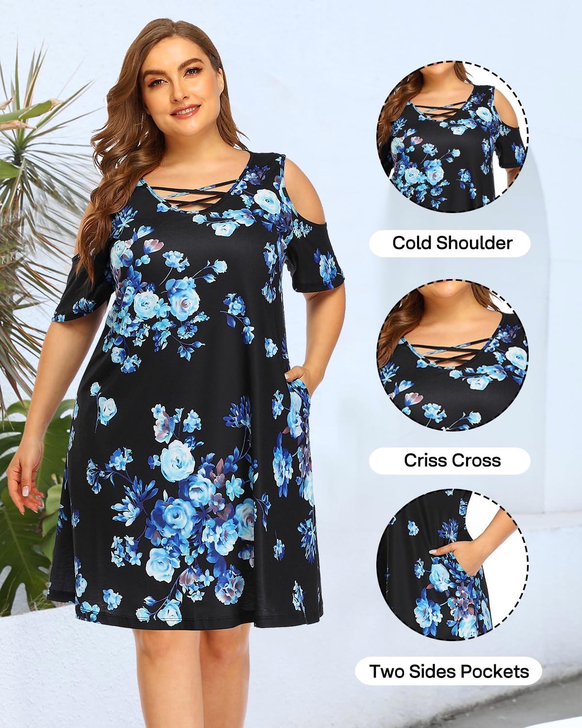 Women's Plus Size Sun Dress Cold Shoulder Casual T-Shirt Knee Length Sundresses with Pockets - Image 5