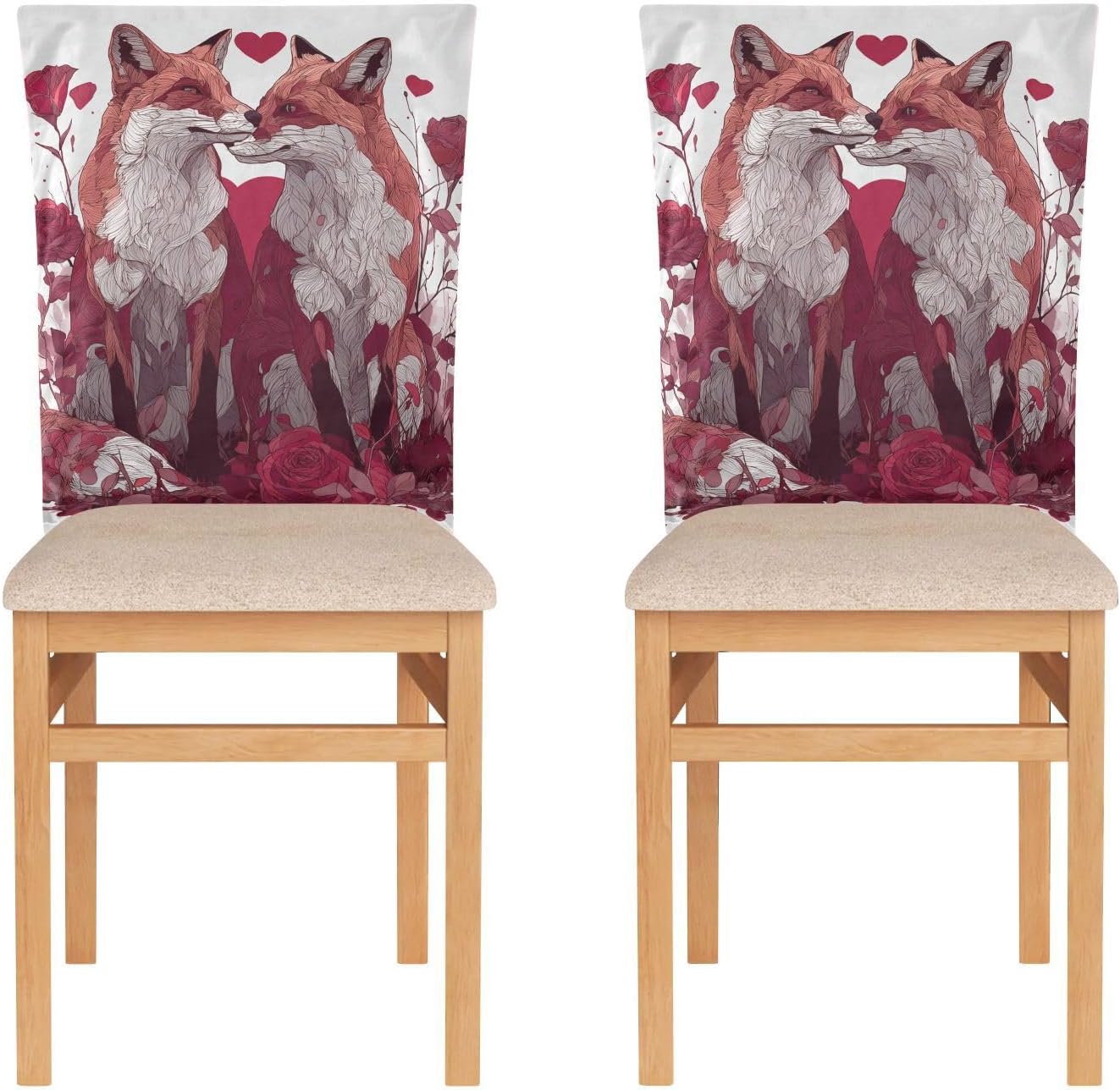 ALAZA Foxes Hearts Red Roses Chair Back Cover Set of 6, Washable Reusable Removable Chair Slipcovers Decorative Chair Cover for Home Kitchen Wedding Party