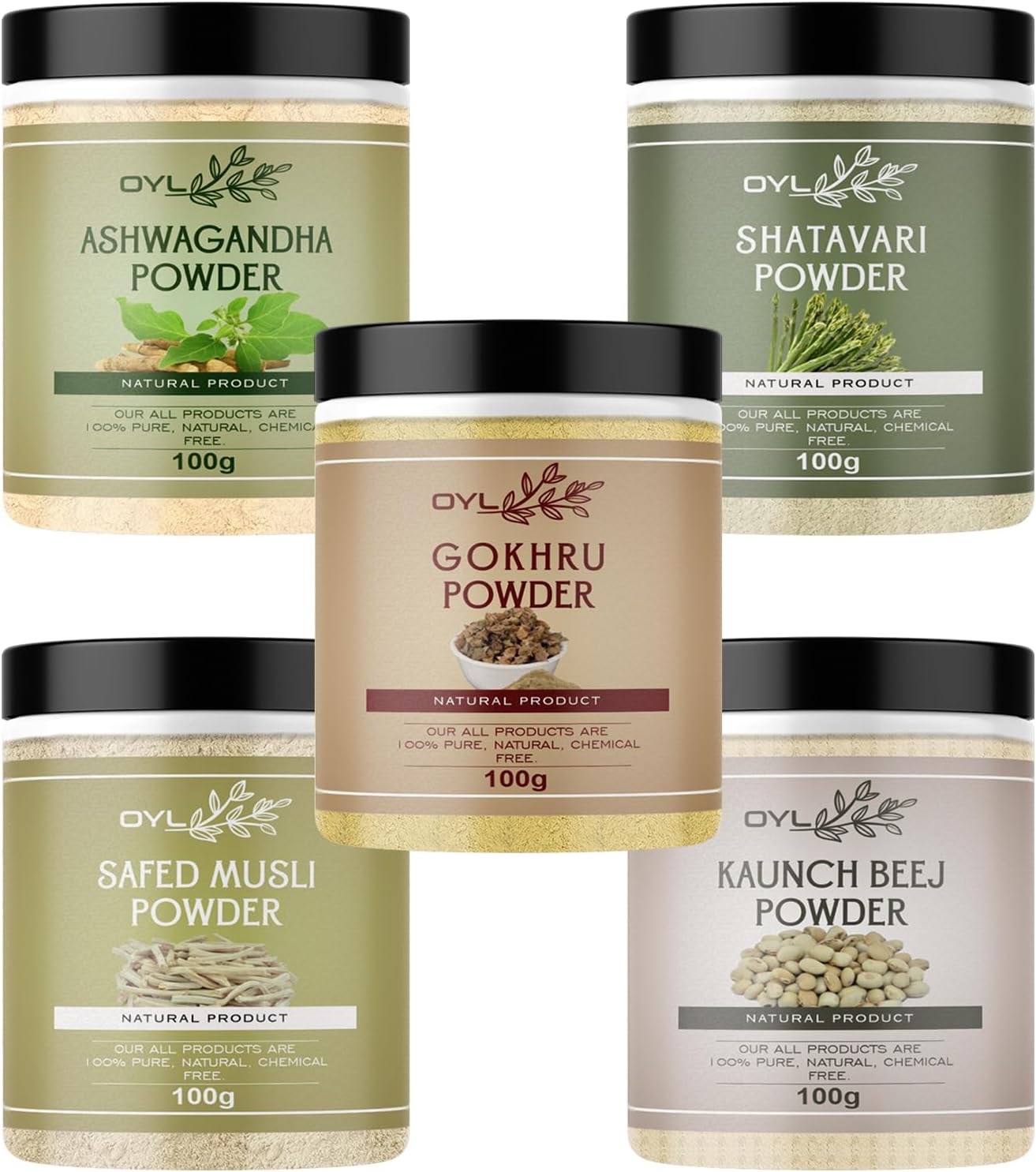 OYL Natural Ashwagandha, Shatavari, Safed Musli, Kaunch Beej, Gokhru Powder Combo Packs - 500g (100g Each Pack Of 5)