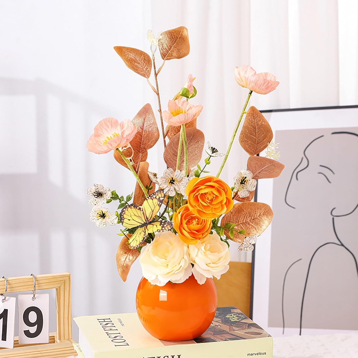 Artificial Flowers with Ceramic Vase, Fake Flowers for Home and Office Decor, Floral Arrangements with Vase Centerpieces, Orange,15.7 Inches, 1 Piece