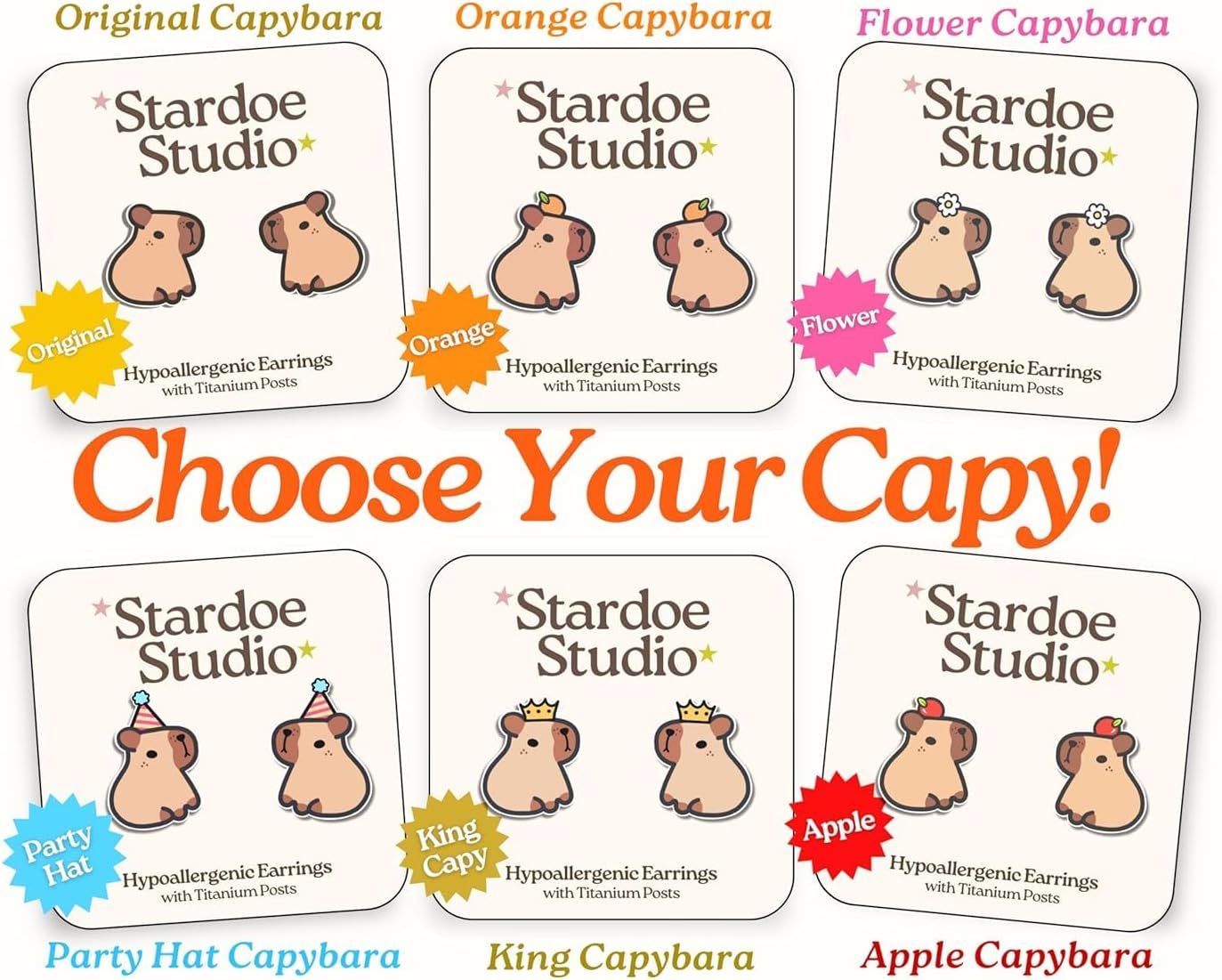 Capybara with Orange Earrings - Cute Jewelry for Kids and Adults - Fun Orange Capybara Animal Earrings - Hypoallergenic Earrings for Girls and Boys -Made with Titanium Posts (Orange)