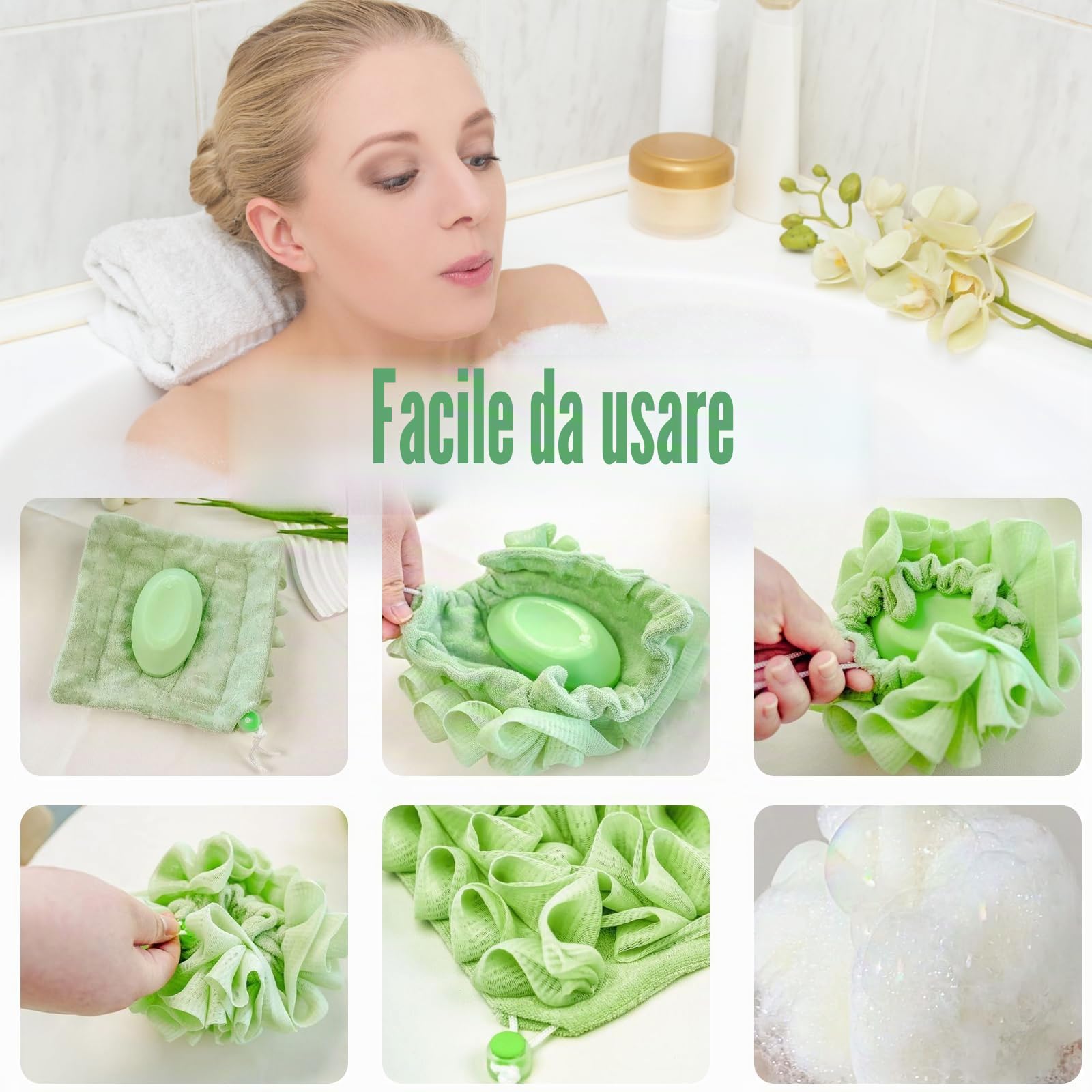 2pezzi Spugna da Bagno 2 in 1,Coulisse Avvolto Sapone Doccia Palla,Spugna da Doccia in Luffa,Spugna Doccia Esfoliante,Adatta per la Doccia,l'ammollo,i Prodotti da Bagno