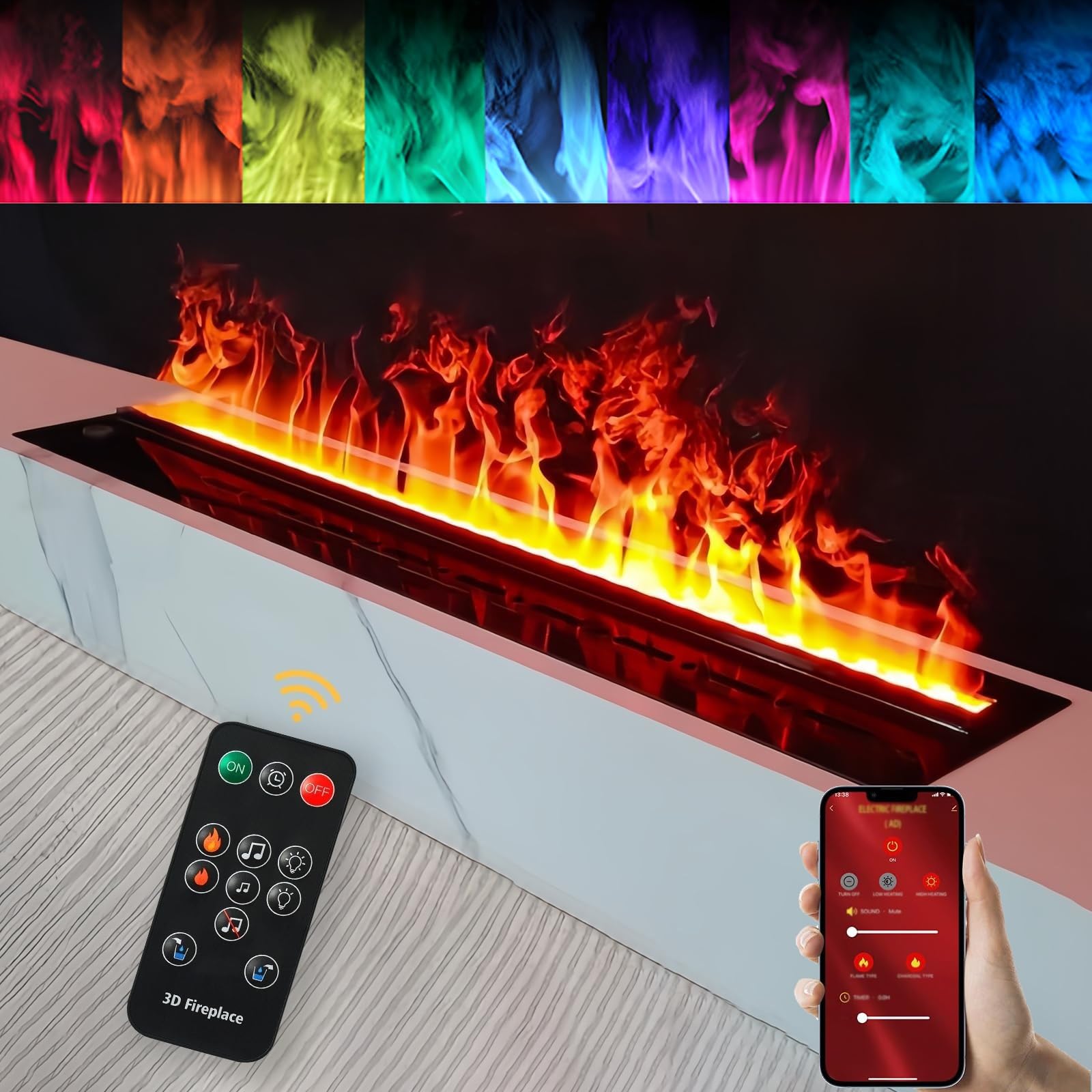 Water Vap-or Fireplace, 3D Atomized Electric Fireplace, Realistic Atomized Flame with 64 Colors, Smart App/Remote/Touch Control, Stainless Steel Steam Fireplace Humidifier with 3MM Ultra-thin Panel(80