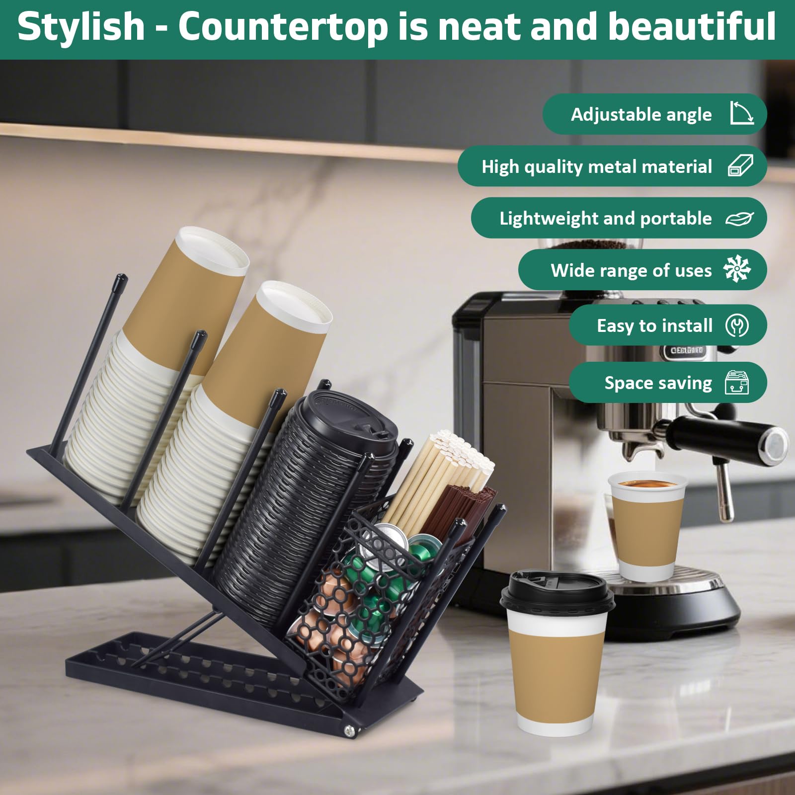 Cup and Lid Holder, Adjustable Coffee Cup Holder Organizer, 4 Compartment Disposable Cup Dispenser with Mesh Baske for Coffee Bar Accessories, Disposable Paper Cups, Plastic Cups, Lids