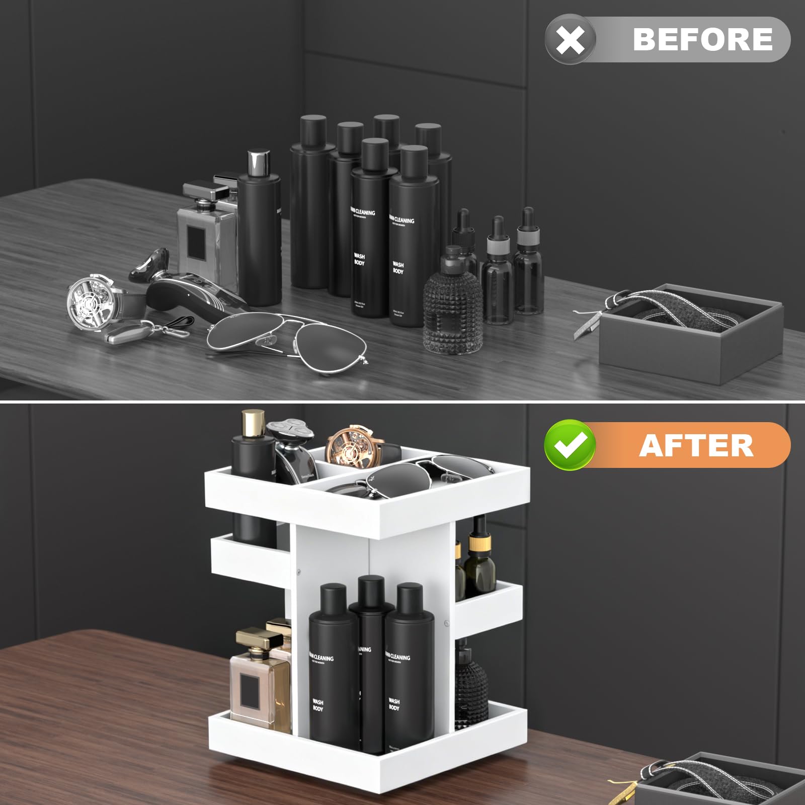 360° Rotating Cologne Organizer, Large Wood Perfume Stand and Grooming Station