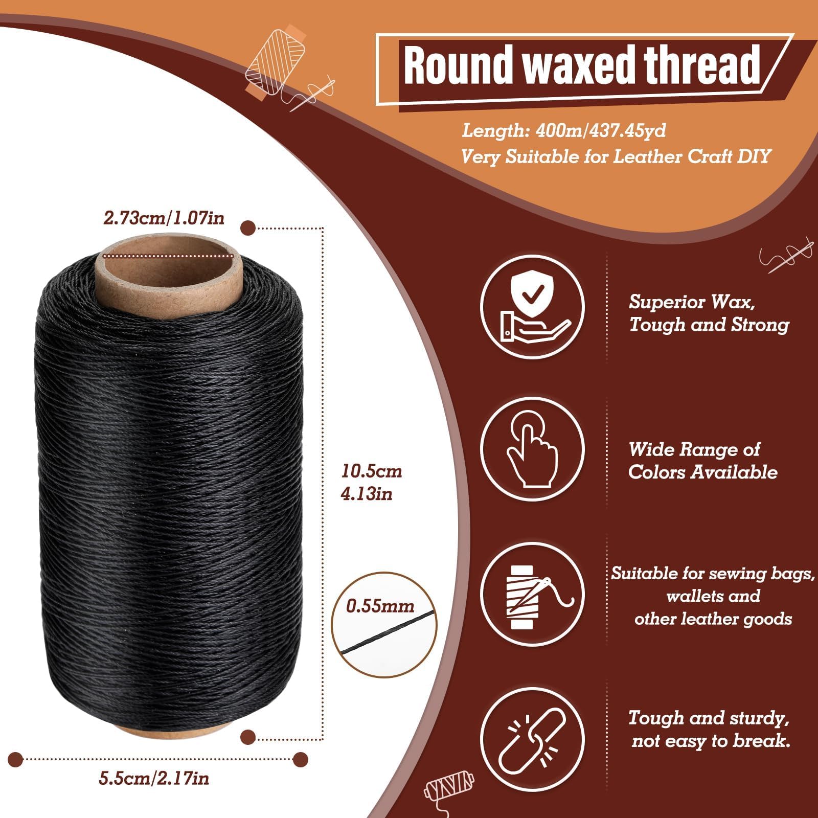 Hilo encerado redondo de 0,55 mm, 437 yardas, hilo encerado para coser cuero, hilo de cera, hilo de cuero para manualidades de cuero, encuadernación de libros (negro)