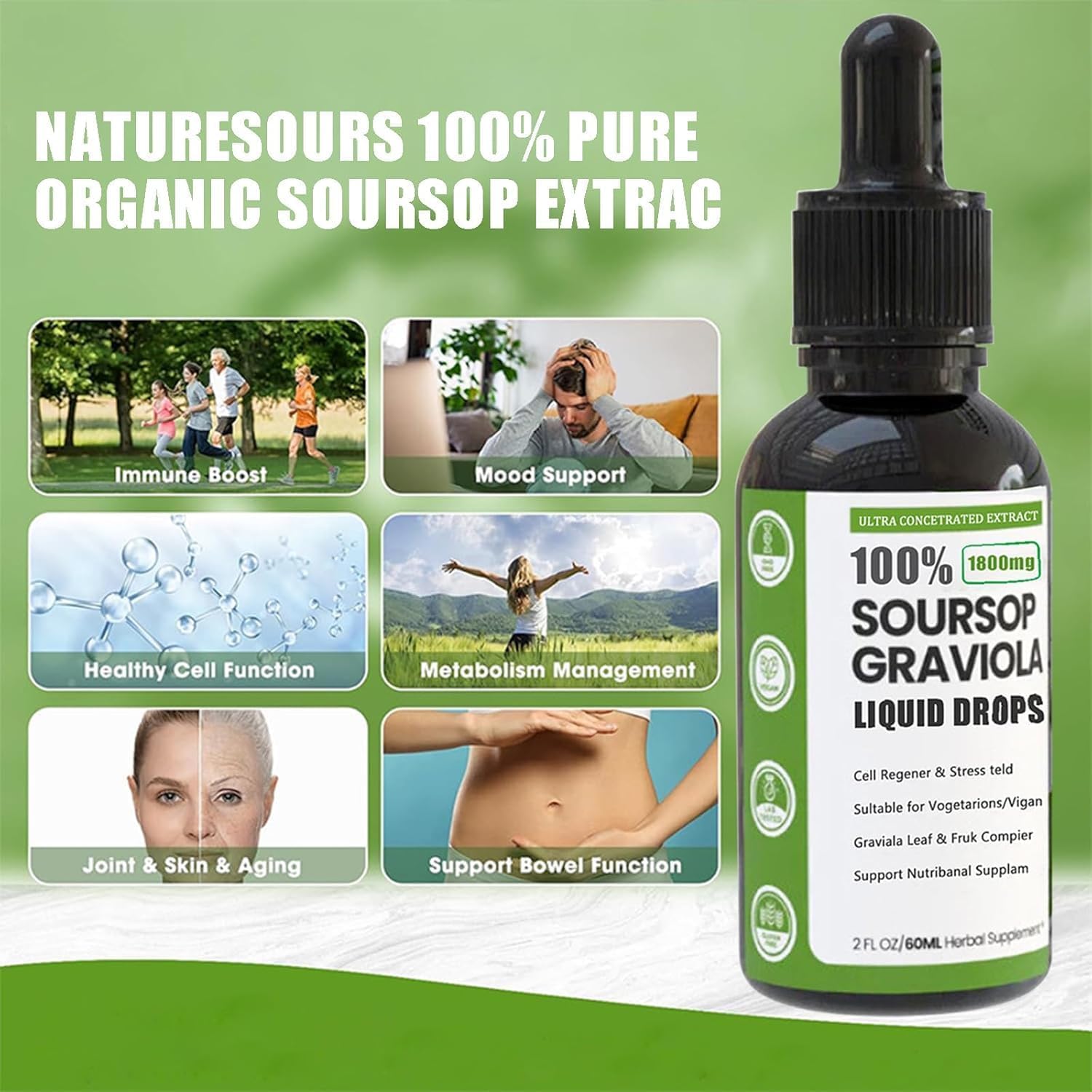 Naturesours Estratto di Soursop biologico, Naturesours 100% puro estratto di Soursop biologico, gocce liquide di graviola di Soursop stagnato 1800 mg, bontà di erbe, aroma naturale (1 pz)