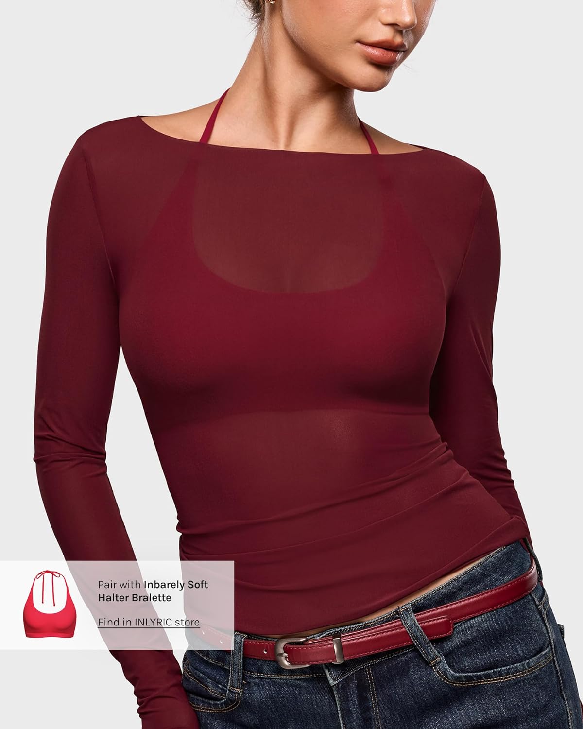 INLYRIC Women's Cosnufy Mesh Sheer Long Sleeve Tops See Through Boat Neck Going Out Tops Trendy Sexy Shirts - Image 3