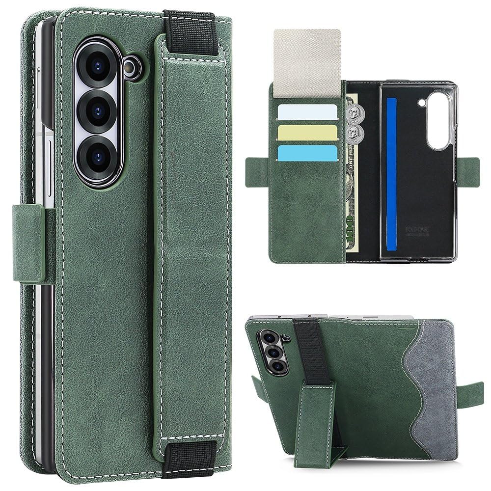 Etui na telefon komórkowy z klapką ze skóry PU, biznesowe, pasujące do Samsunga Galaxy Z Fold 7 6 5, z regulowaną podstawką, zielone, do Samsunga Z Fold 6